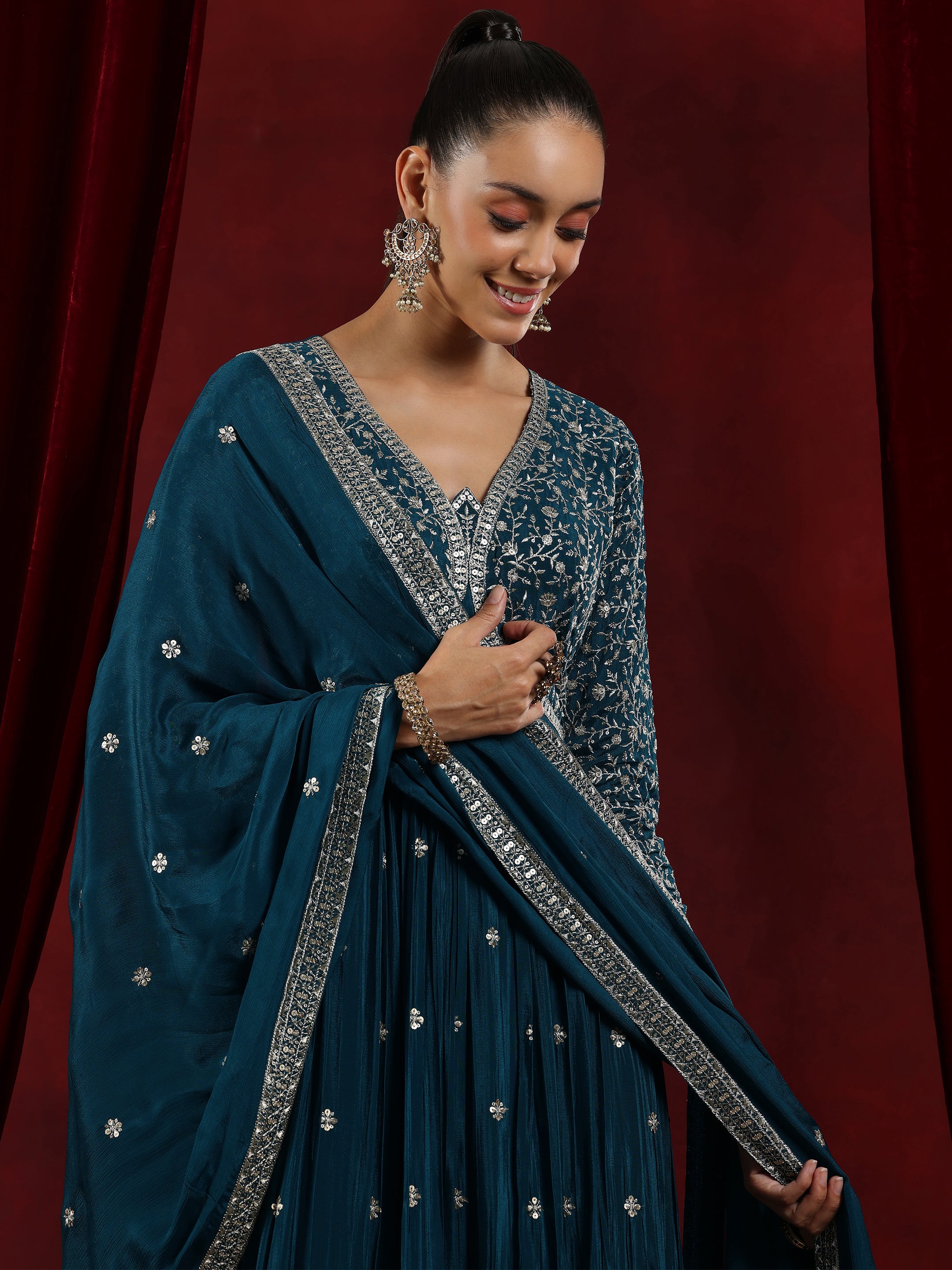 Libas Art Teal Embroidered Chinon A-Line Kurta With Palazzos & Dupatta