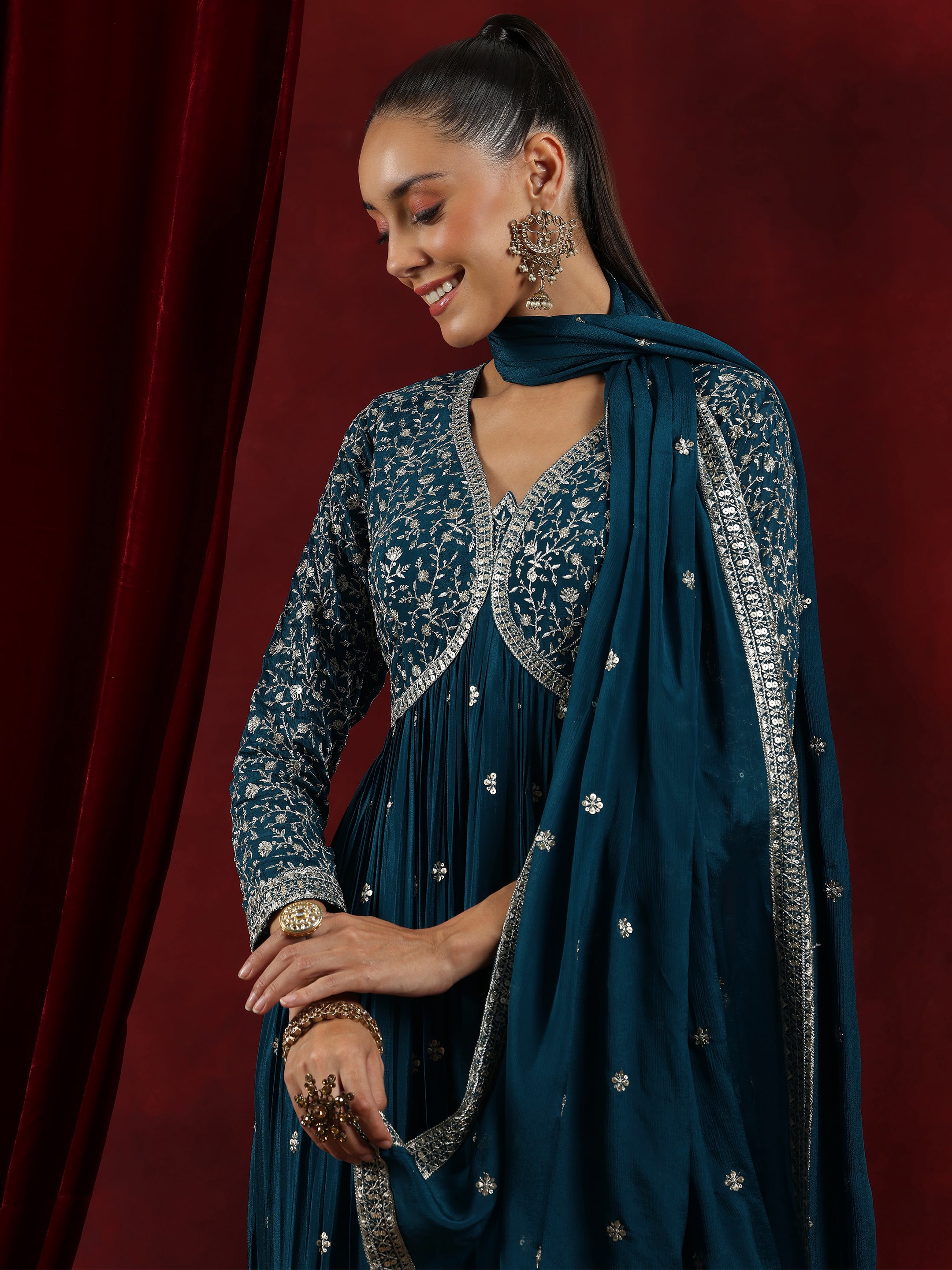 Libas Art Teal Embroidered Chinon A-Line Kurta With Palazzos & Dupatta