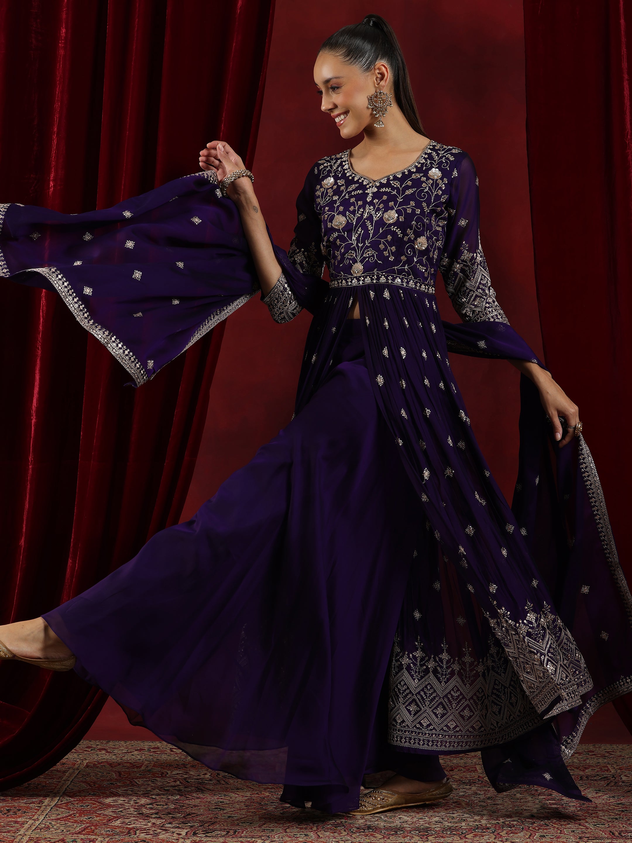 Libas Art Purple Embroidered Silk Blend A-Line Kurta With Palazzos & Dupatta