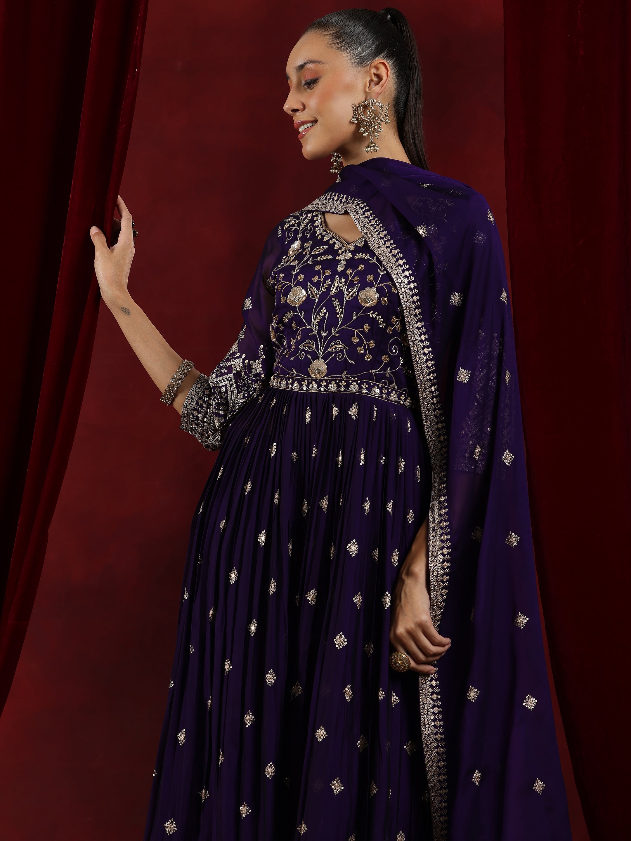 Libas Art Purple Embroidered Silk Blend A-Line Kurta With Palazzos & Dupatta