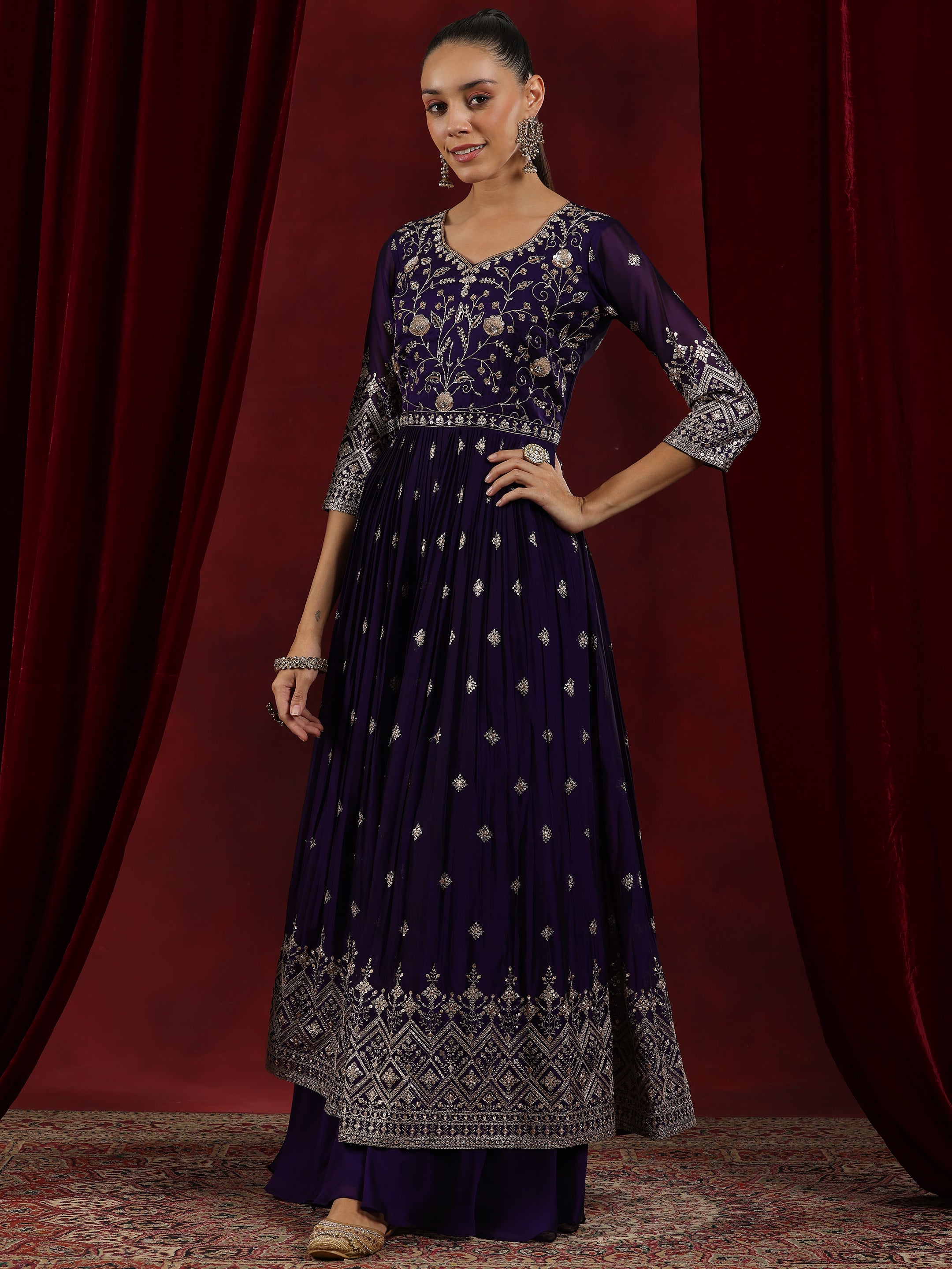 Libas Art Purple Embroidered Silk Blend A-Line Kurta With Palazzos & Dupatta