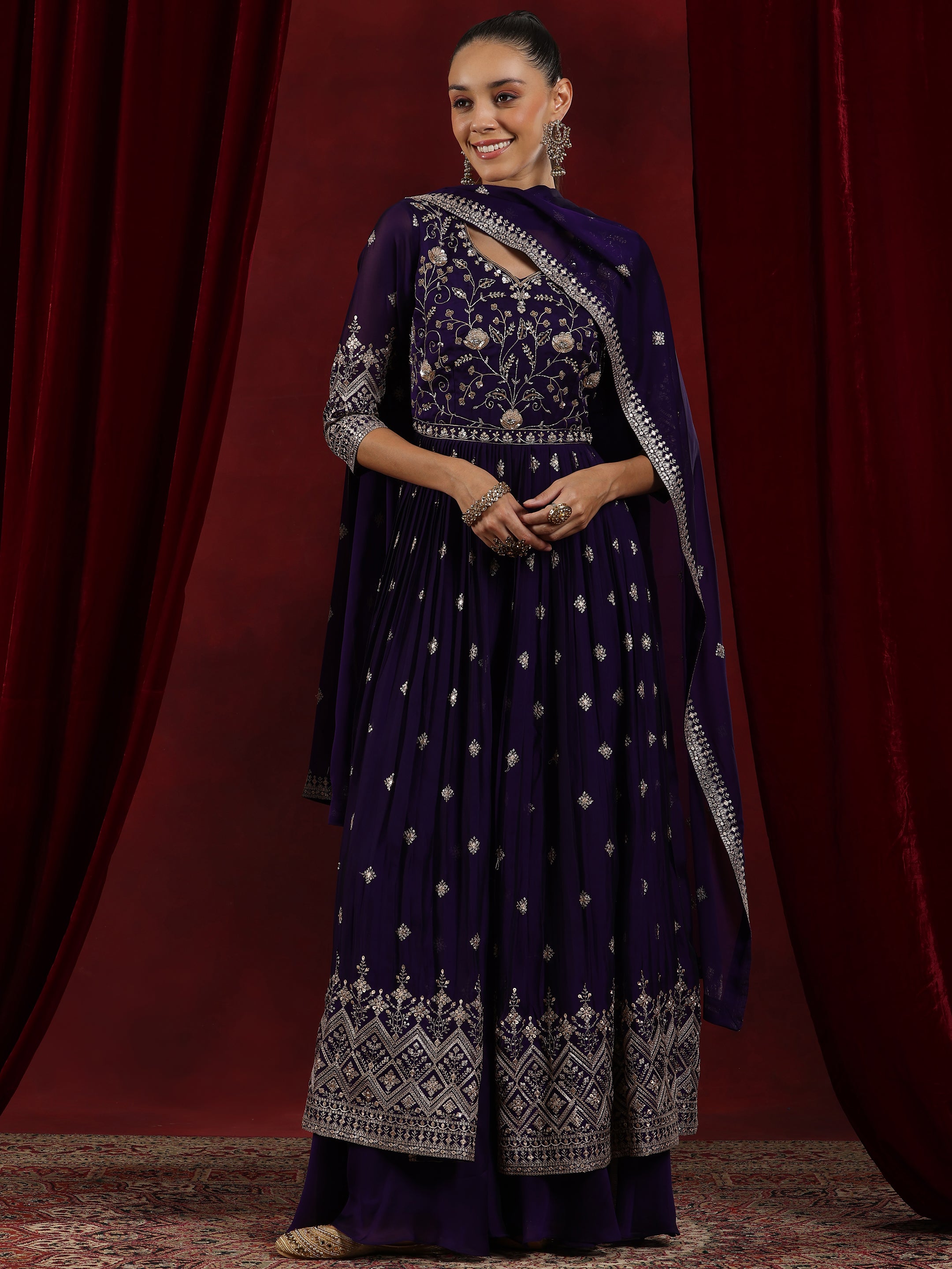 Libas Art Purple Embroidered Silk Blend A-Line Kurta With Palazzos & Dupatta