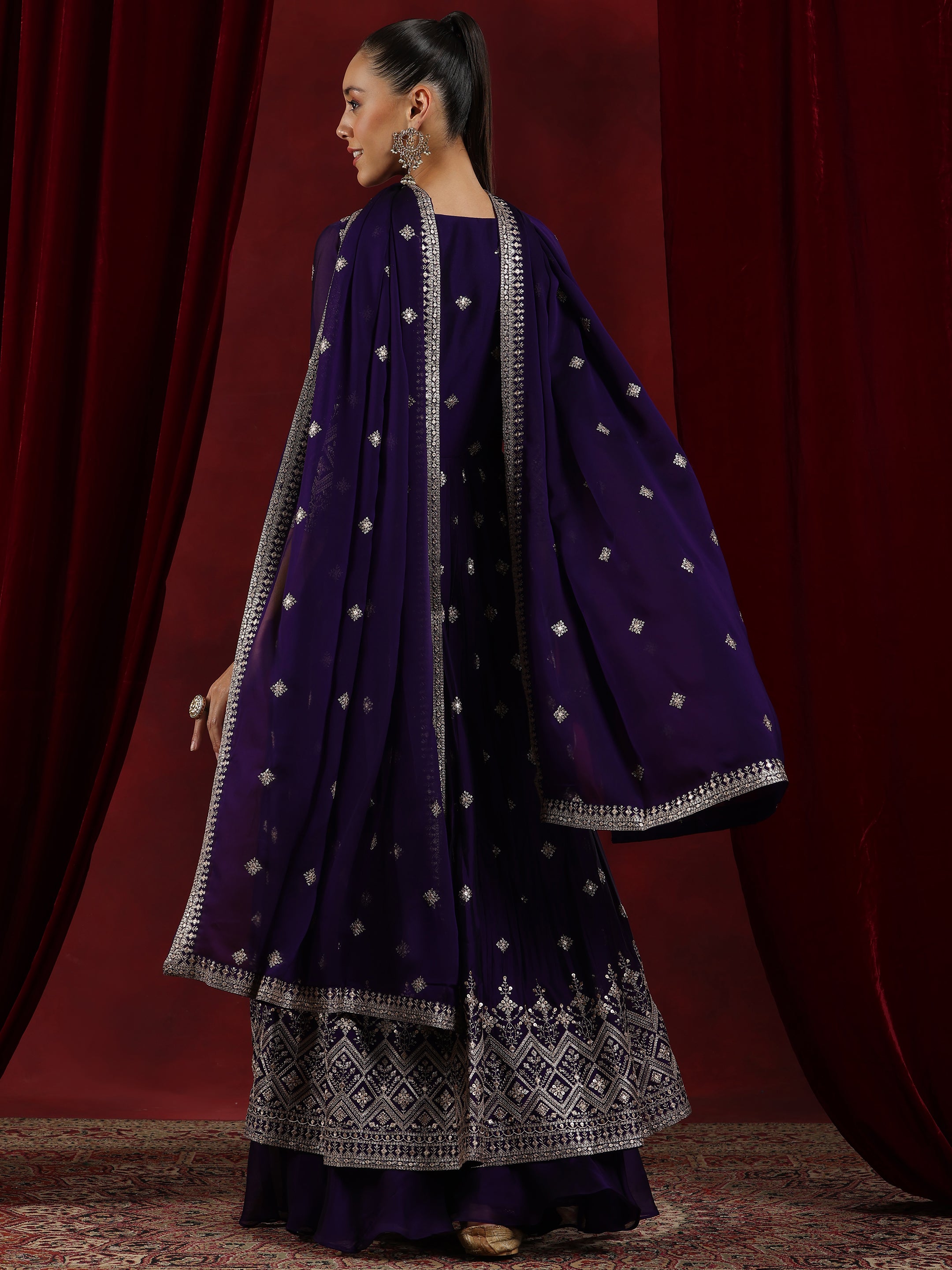 Libas Art Purple Embroidered Silk Blend A-Line Kurta With Palazzos & Dupatta