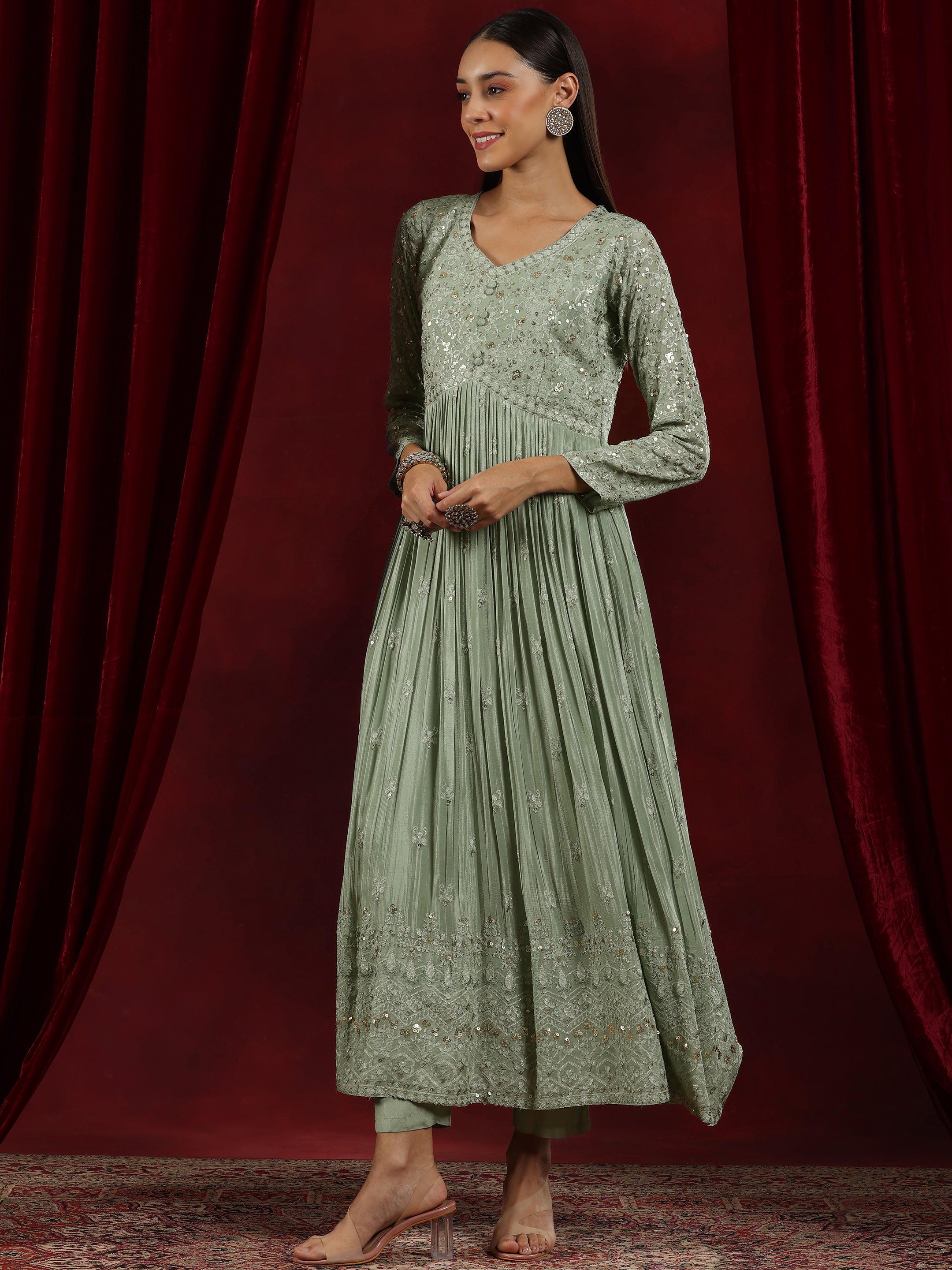 Libas Art Green Embroidered Chinon A-Line Kurta With Palazzos & Dupatta