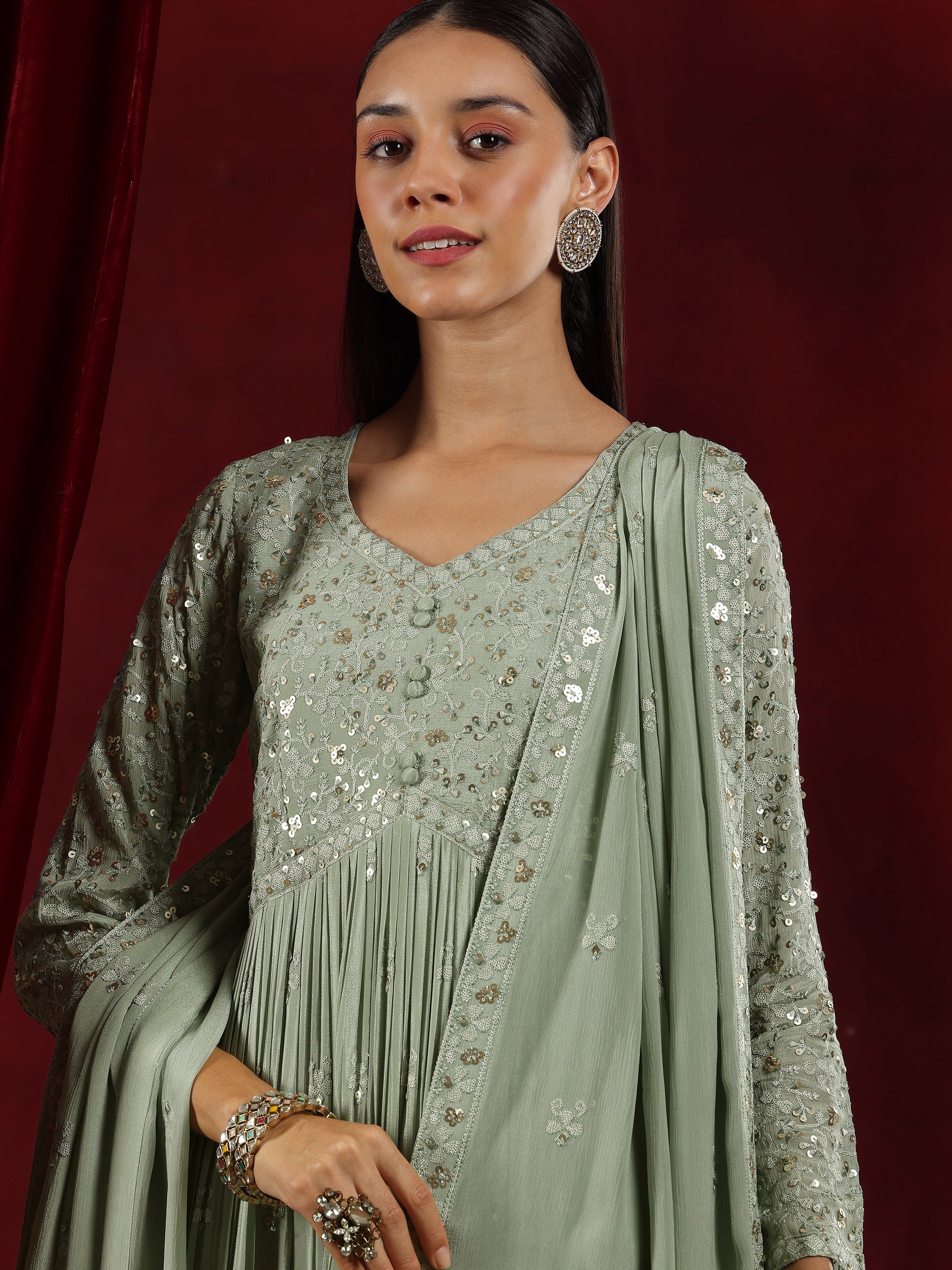 Libas Art Green Embroidered Chinon A-Line Kurta With Palazzos & Dupatta