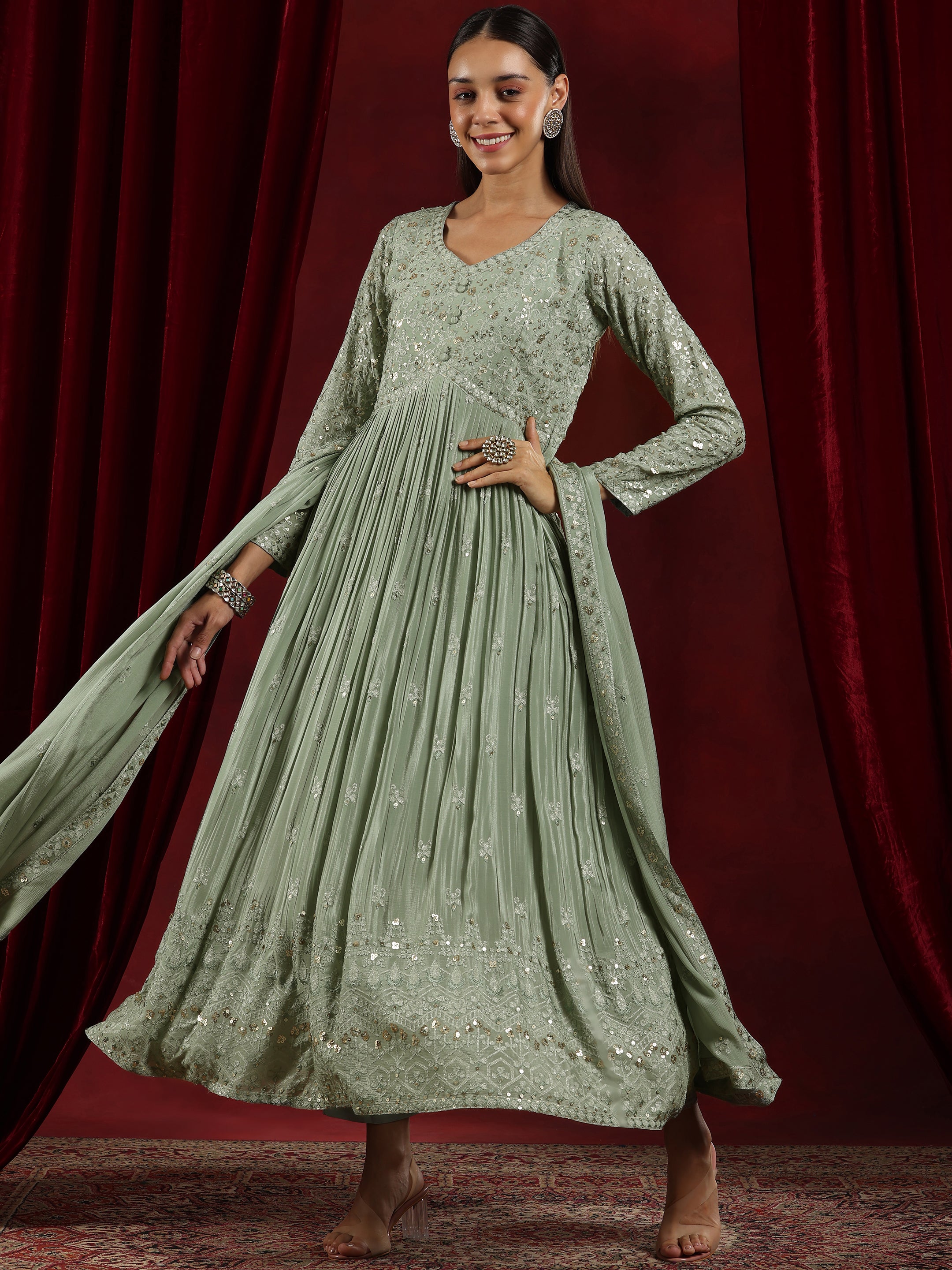 Libas Art Green Embroidered Chinon A-Line Kurta With Palazzos & Dupatta