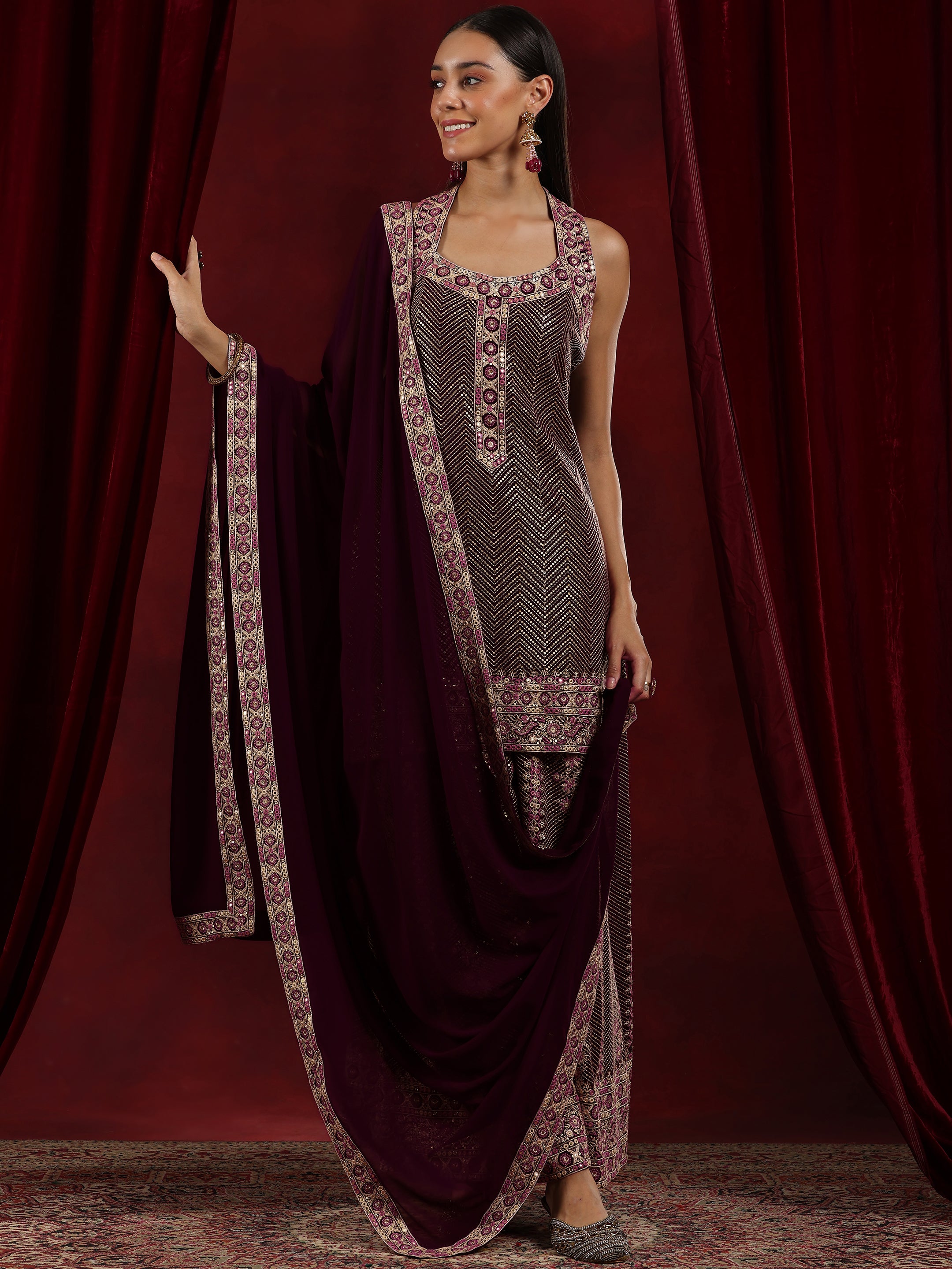 Libas Art Wine Embroidered Georgette Straight Suit With Dupatta