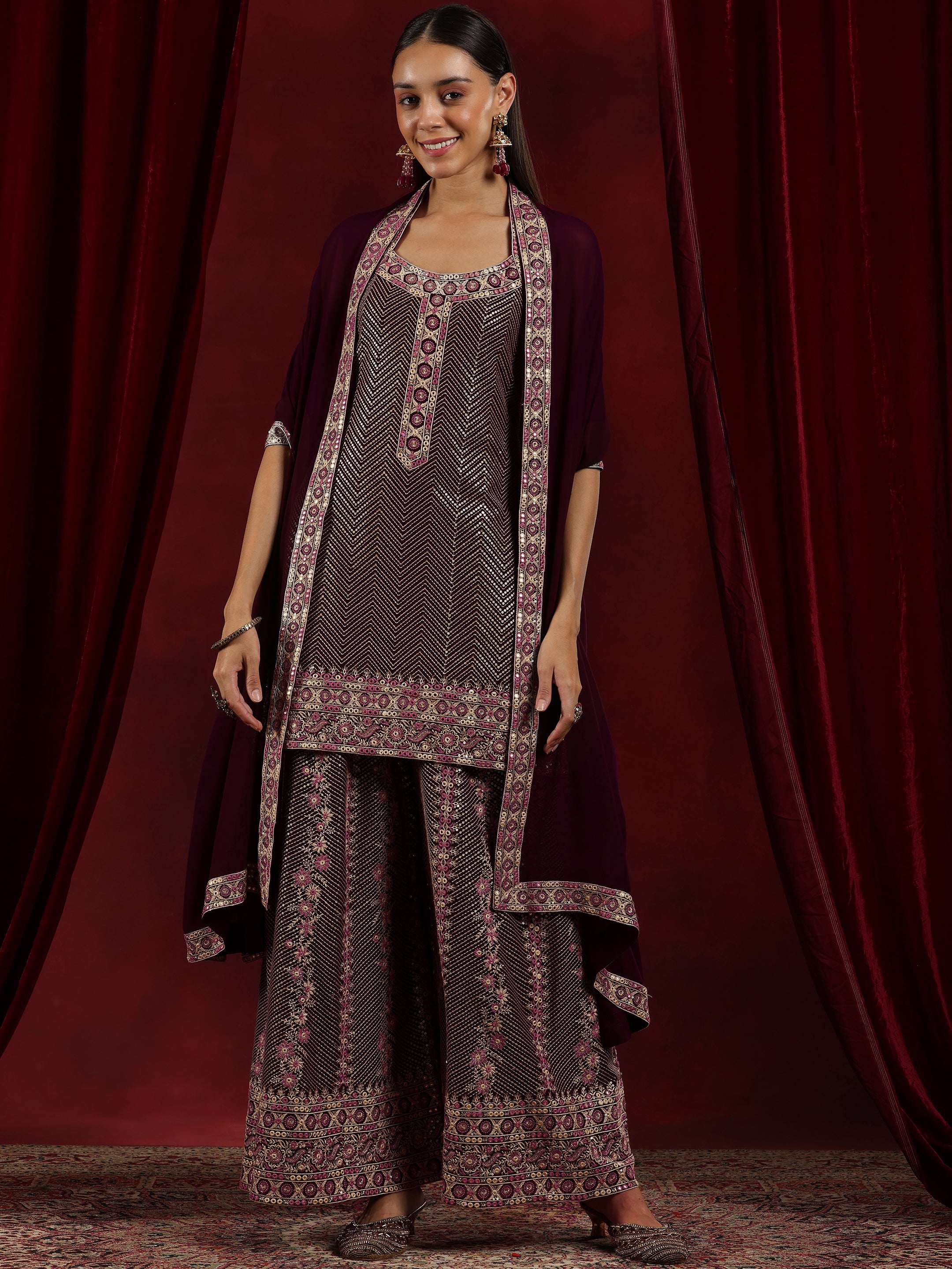 Libas Art Wine Embroidered Georgette Straight Suit With Dupatta