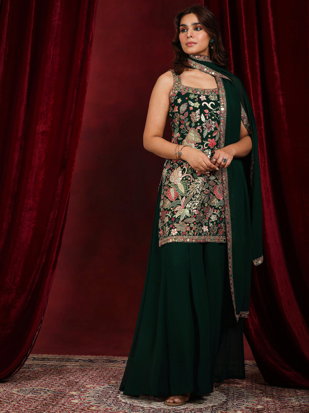 Libas Art Green Embroidered Georgette Straight Suit With Dupatta