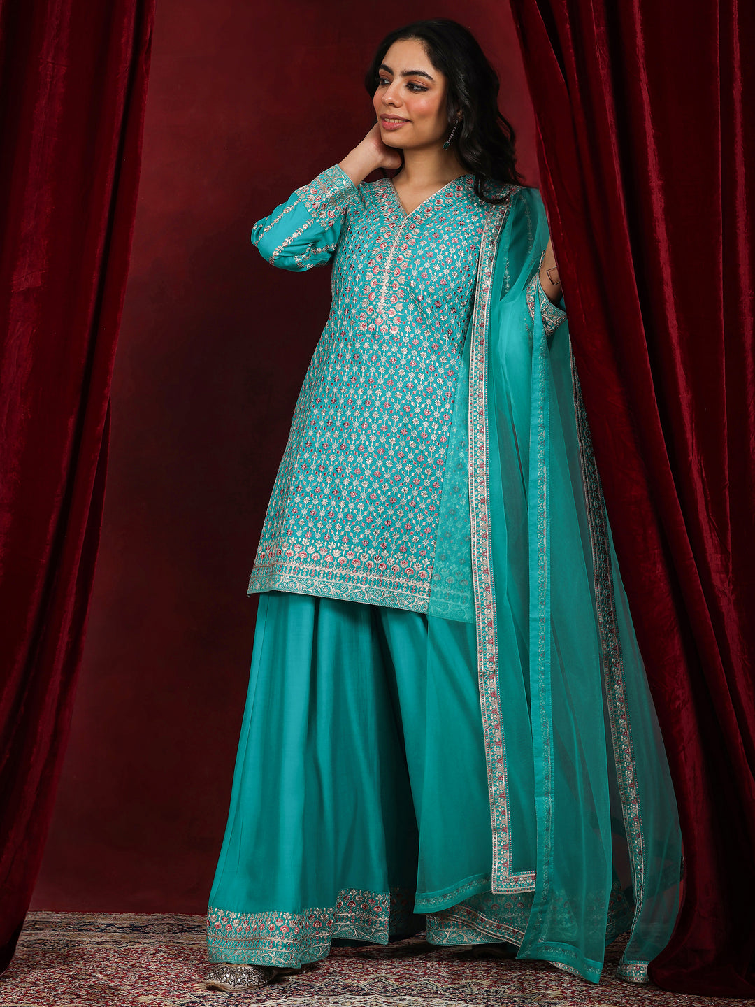 Libas Art Green Embroidered Silk Blend Straight Suit With Dupatta