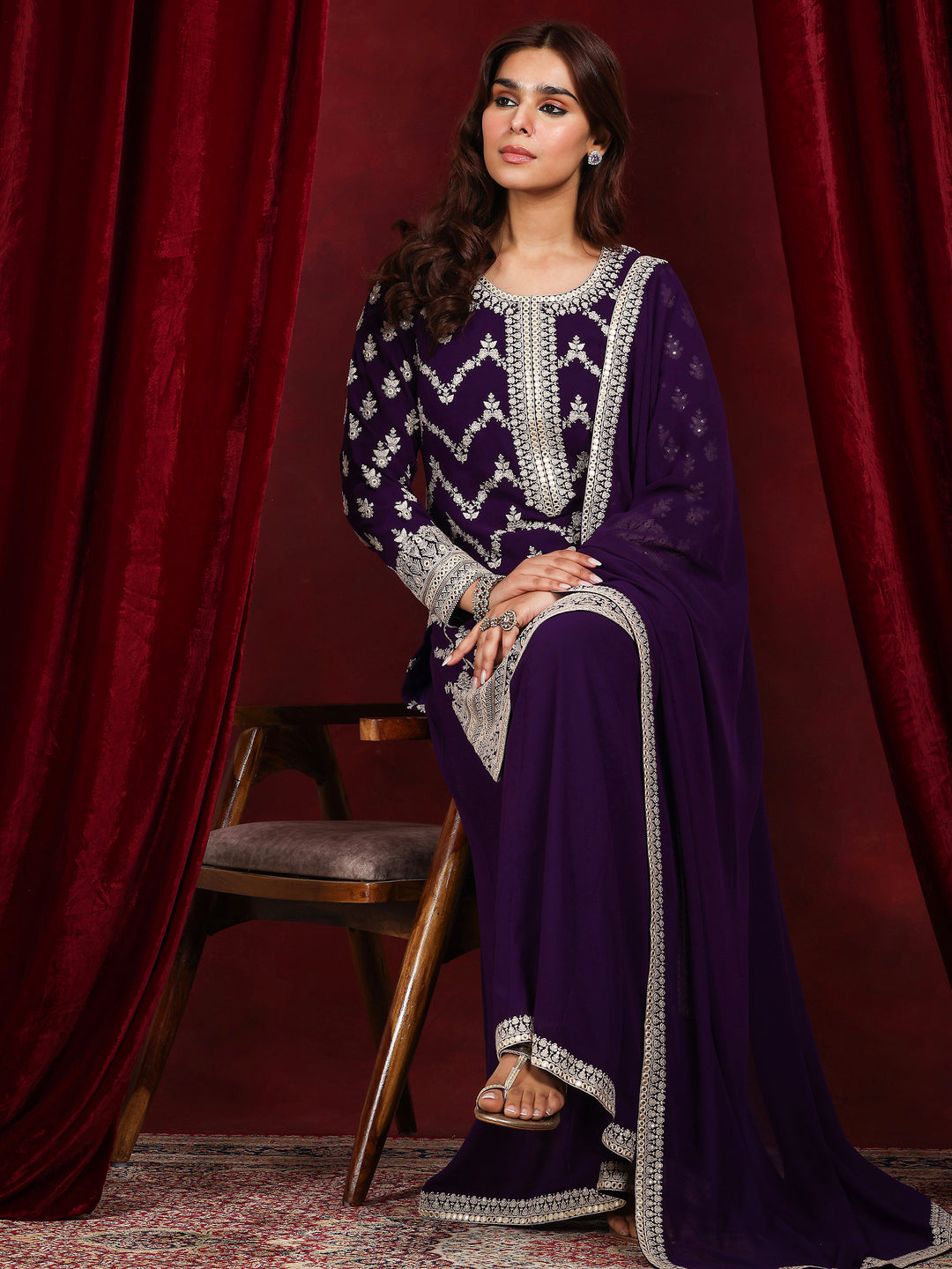 Libas Art Purple Embroidered Georgette Straight Suit With Dupatta