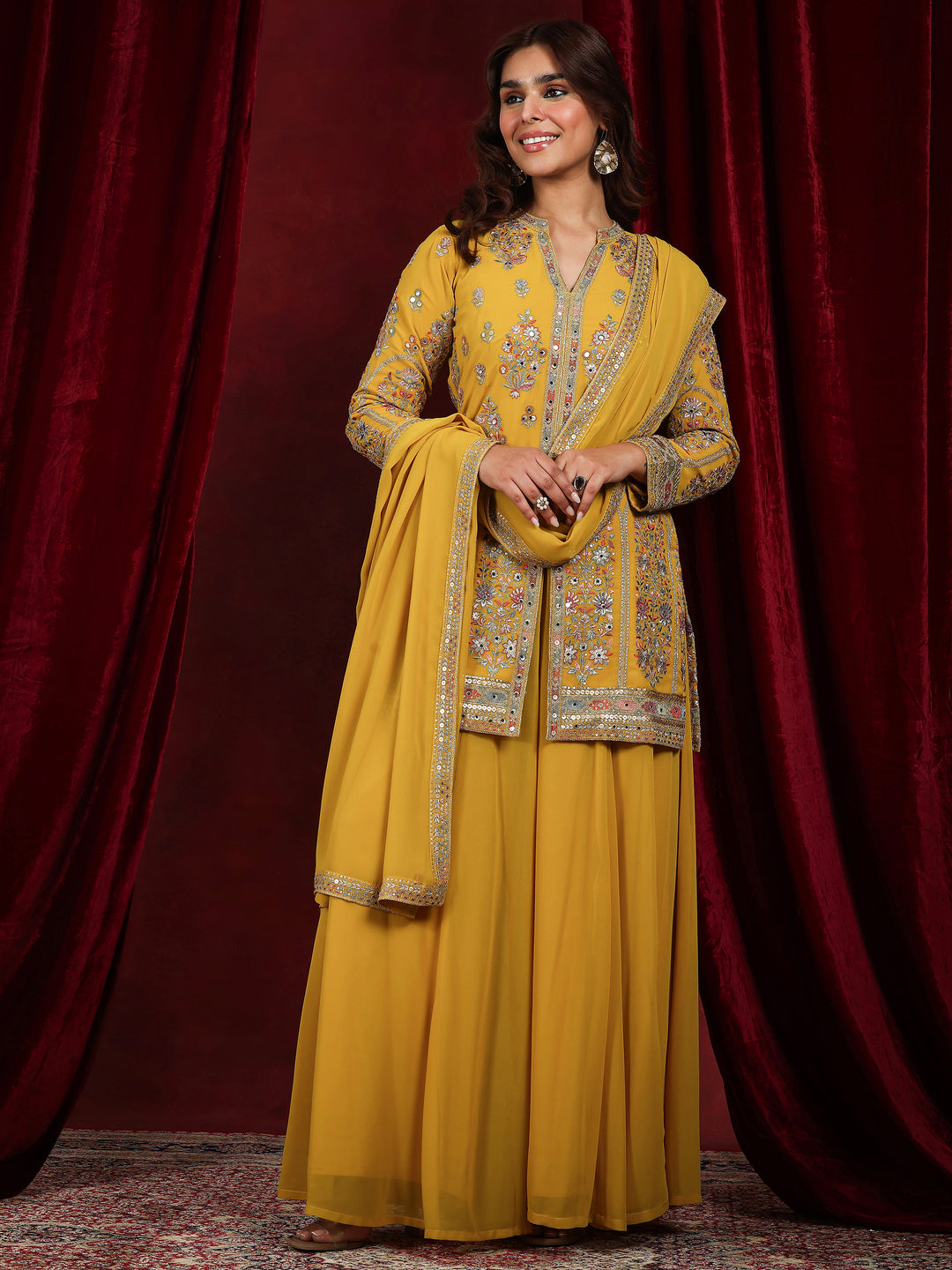 Libas Art Mustard Embroidered Georgette Straight Suit With Dupatta