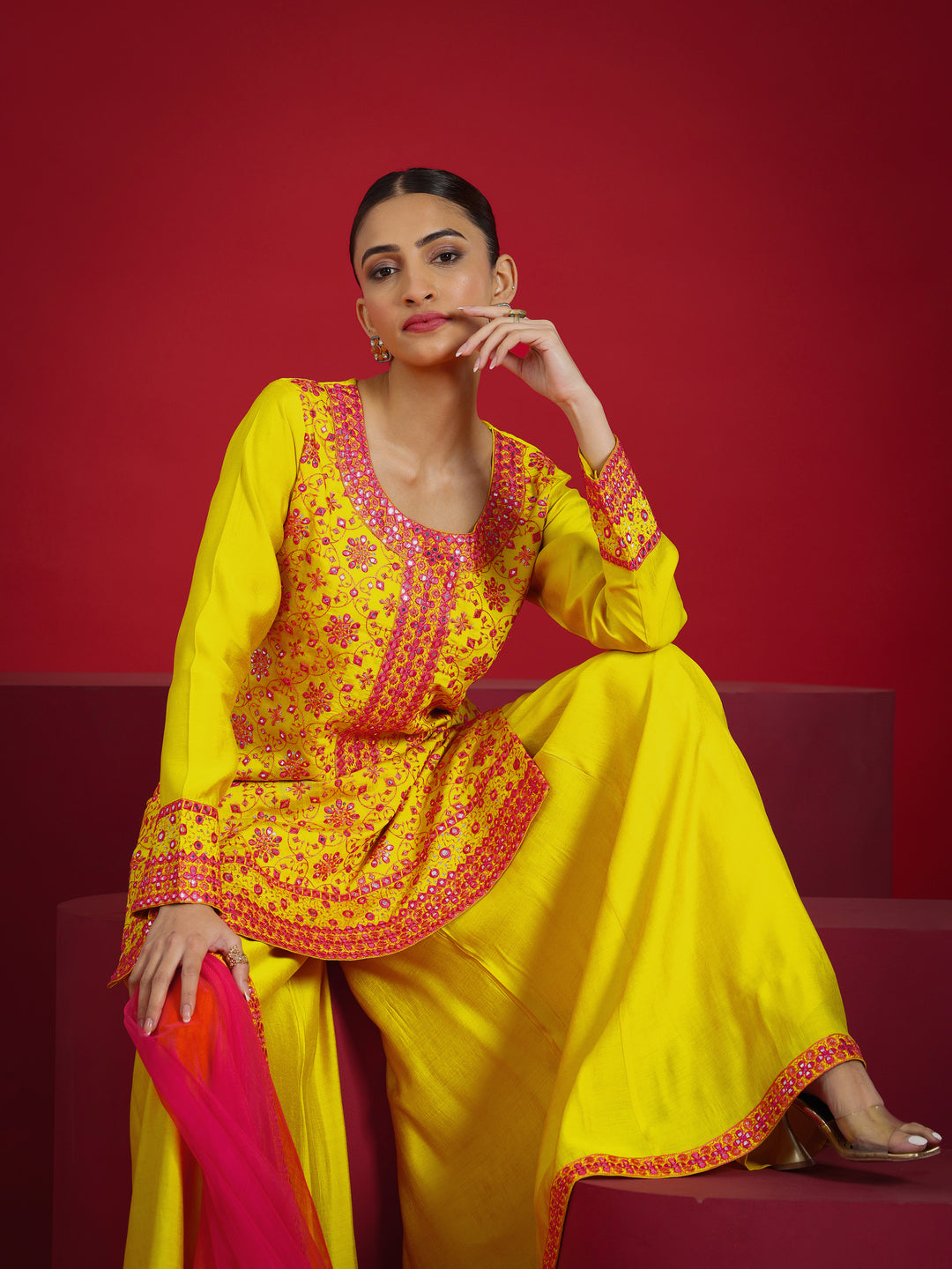 Libas Art Mustard Embroidered Silk Blend Straight Suit With Dupatta