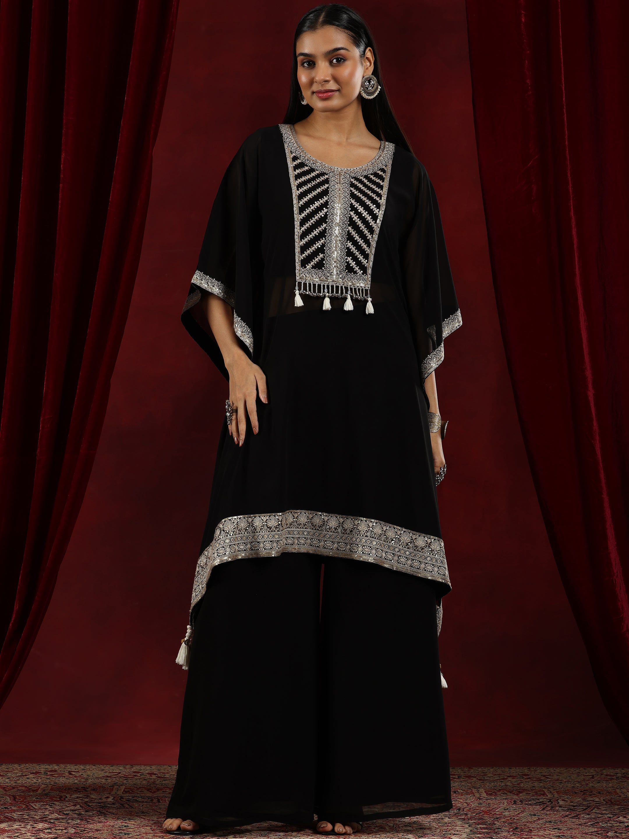 Libas Art Black Embroidered Georgette Straight Kurta Set