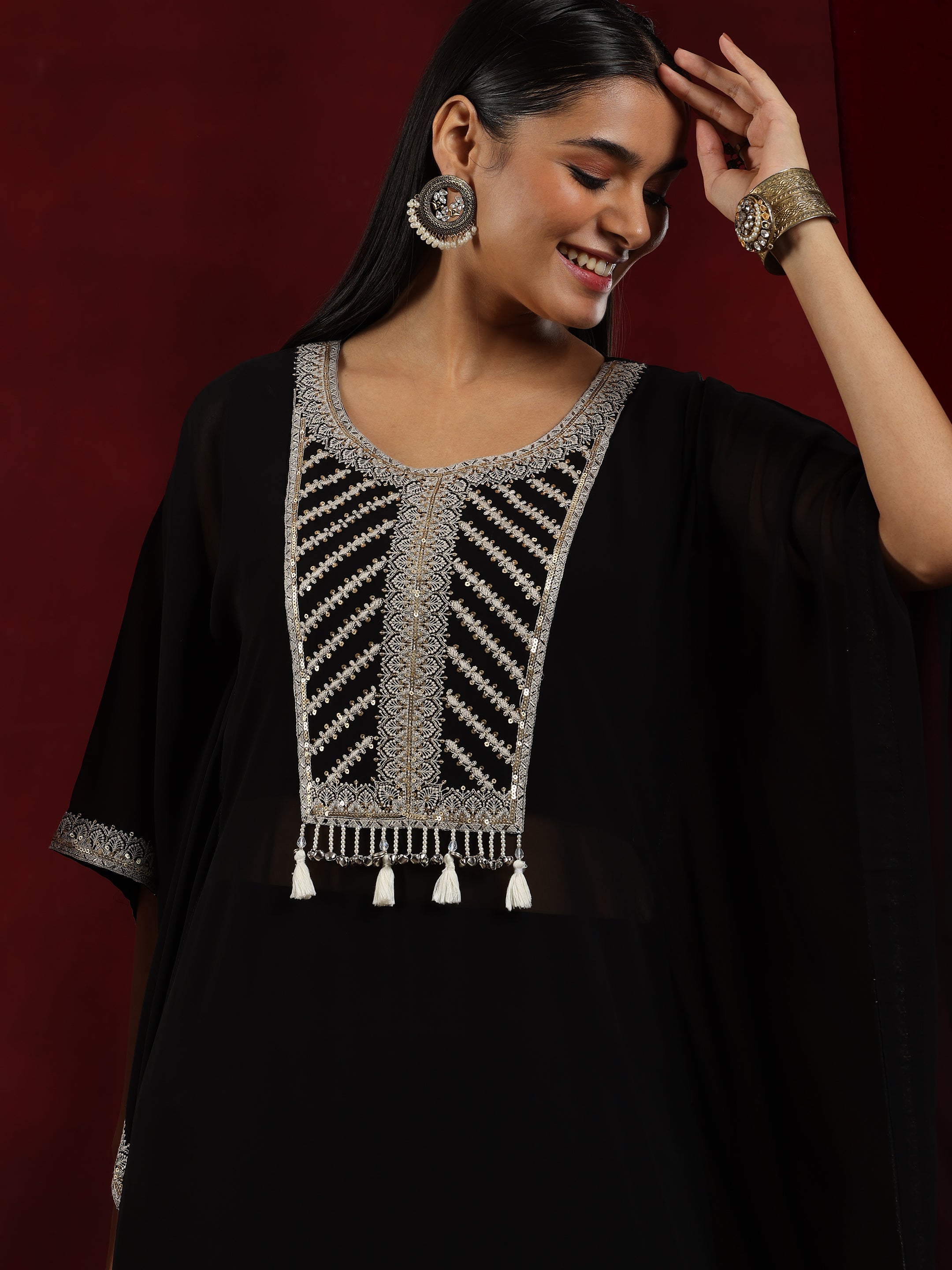 Libas Art Black Embroidered Georgette Straight Kurta Set