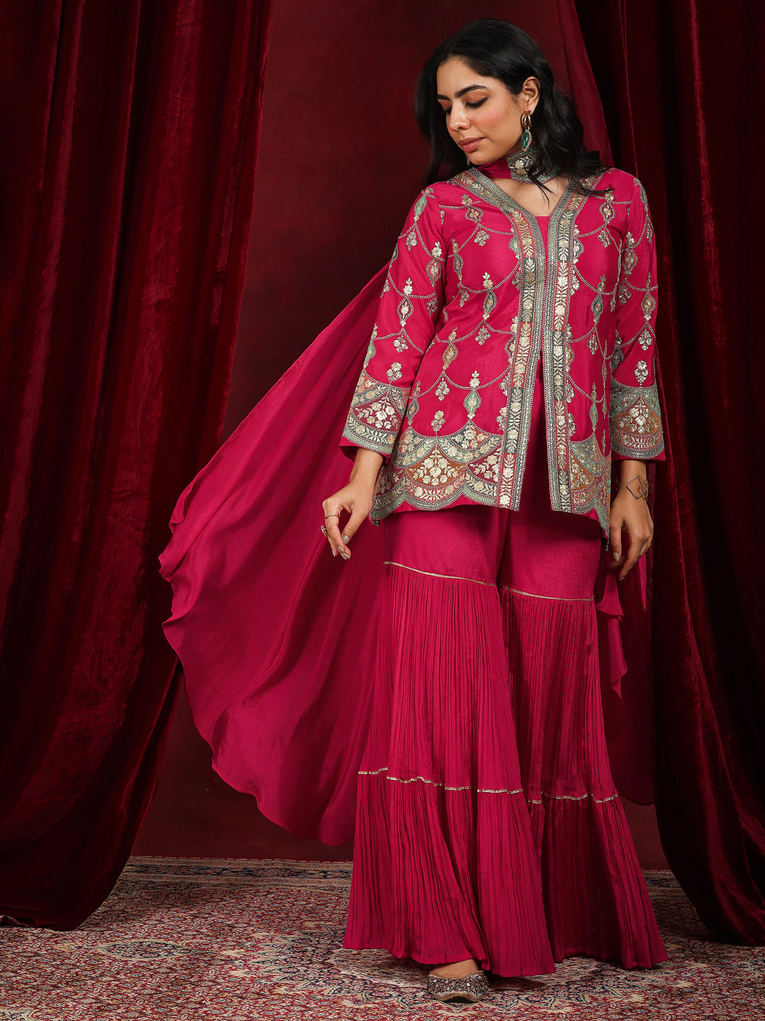 Libas Art Pink Embroidered Silk Blend Straight Suit With Dupatta