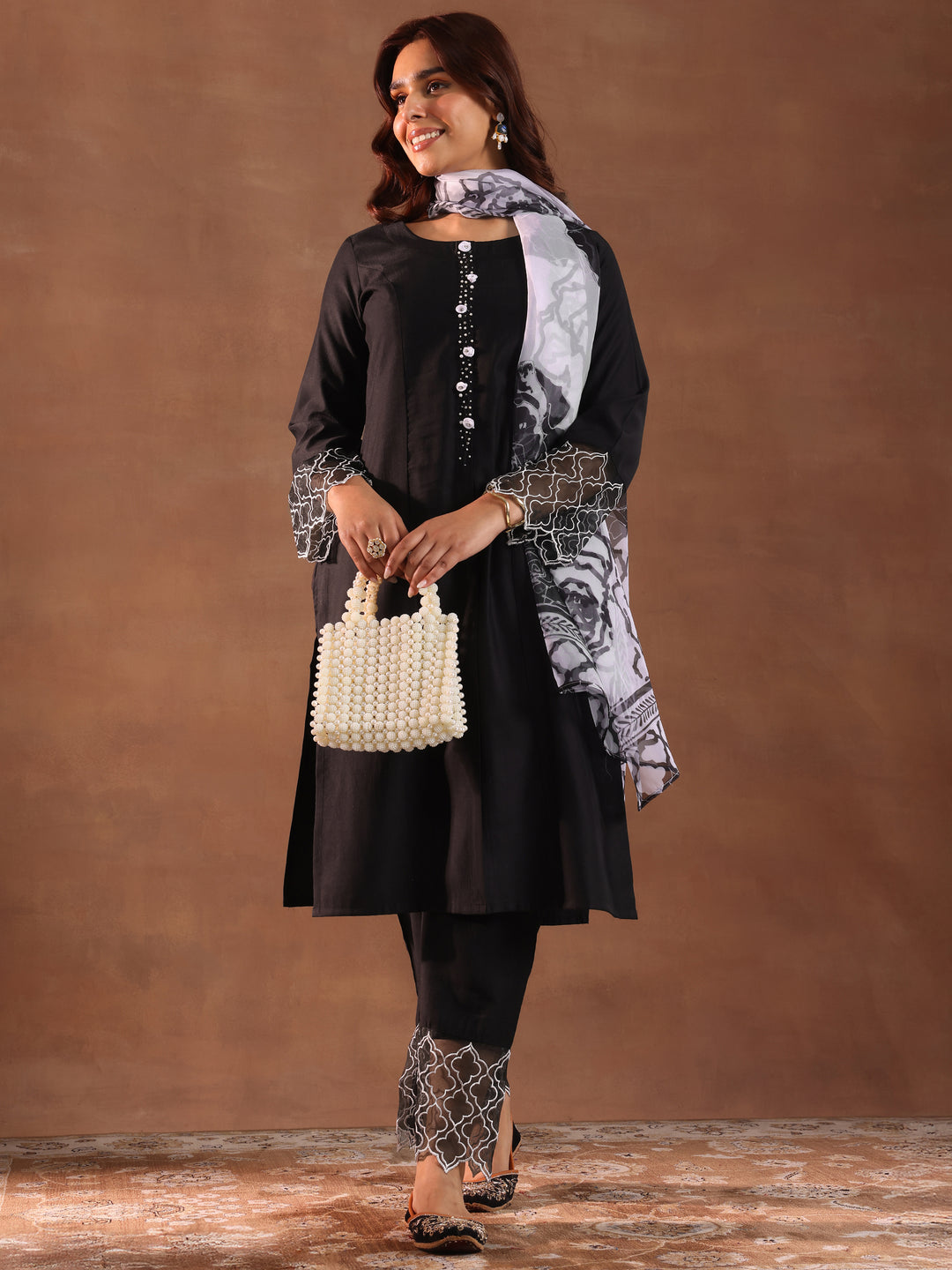 Black Solid Silk Blend Straight Suit With Dupatta