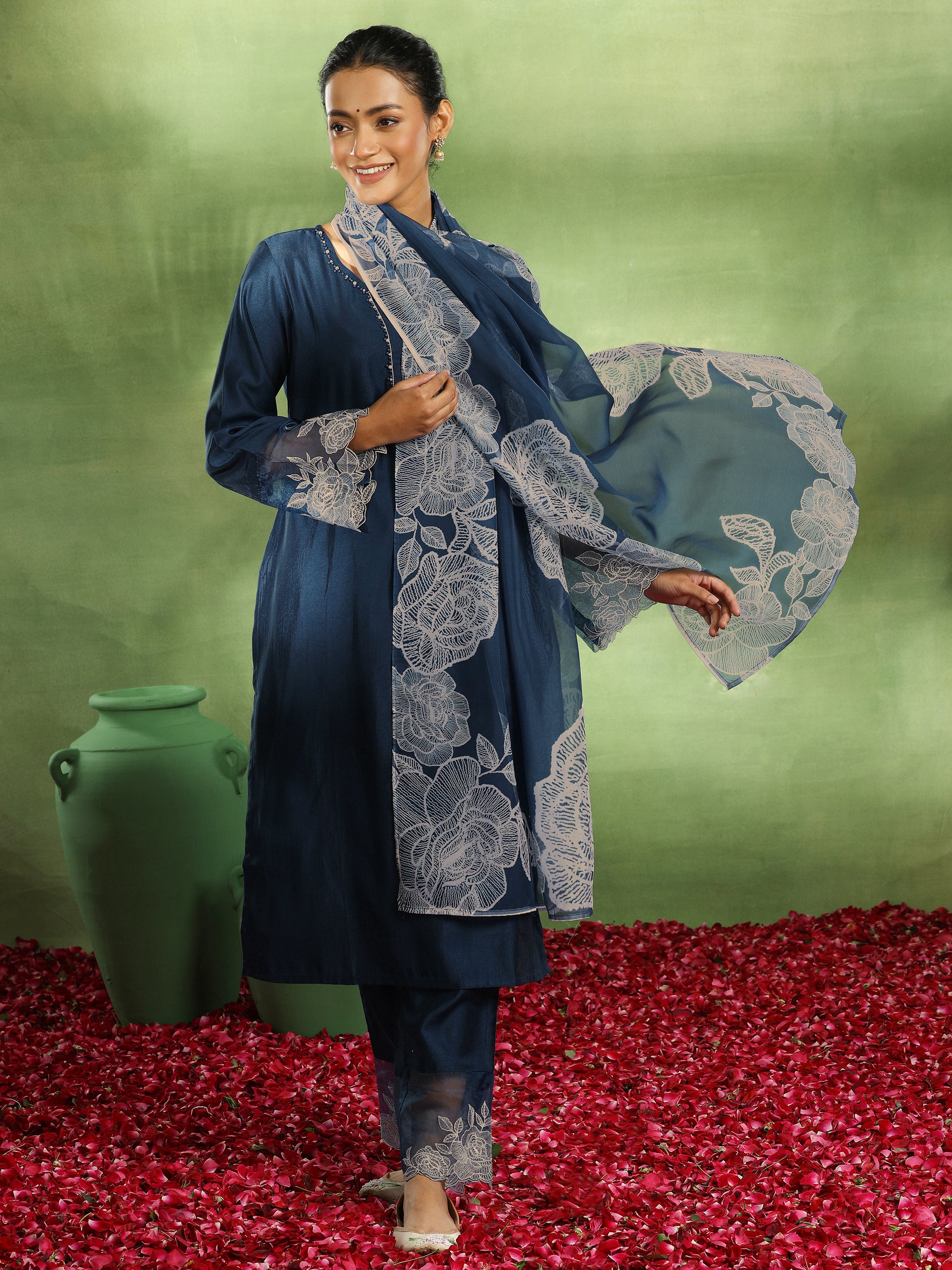 Teal Yoke Design Silk Blend Straight Suit With Dupatta