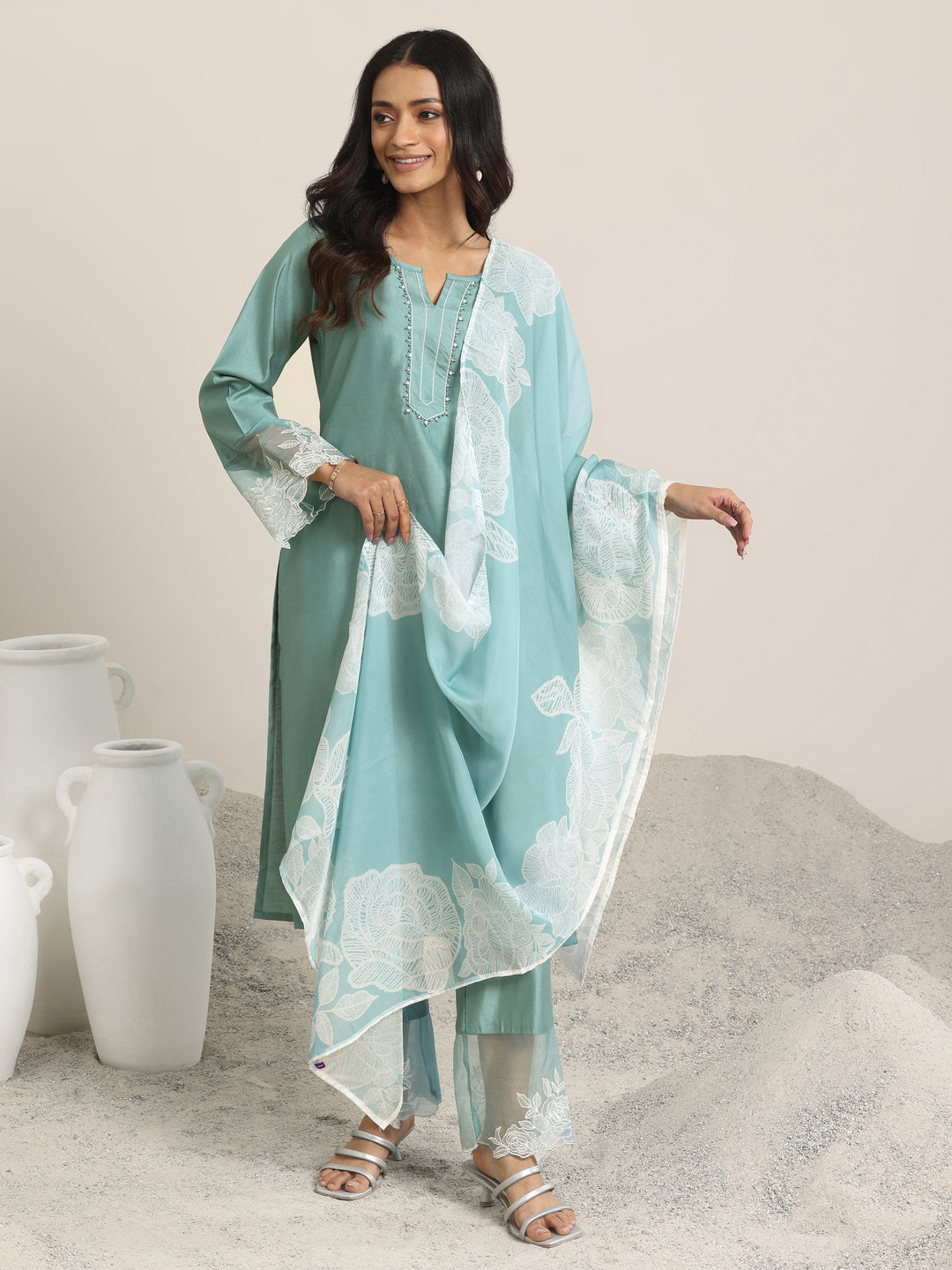 Green Yoke Design Silk Blend Straight Suit Set With Dupatta