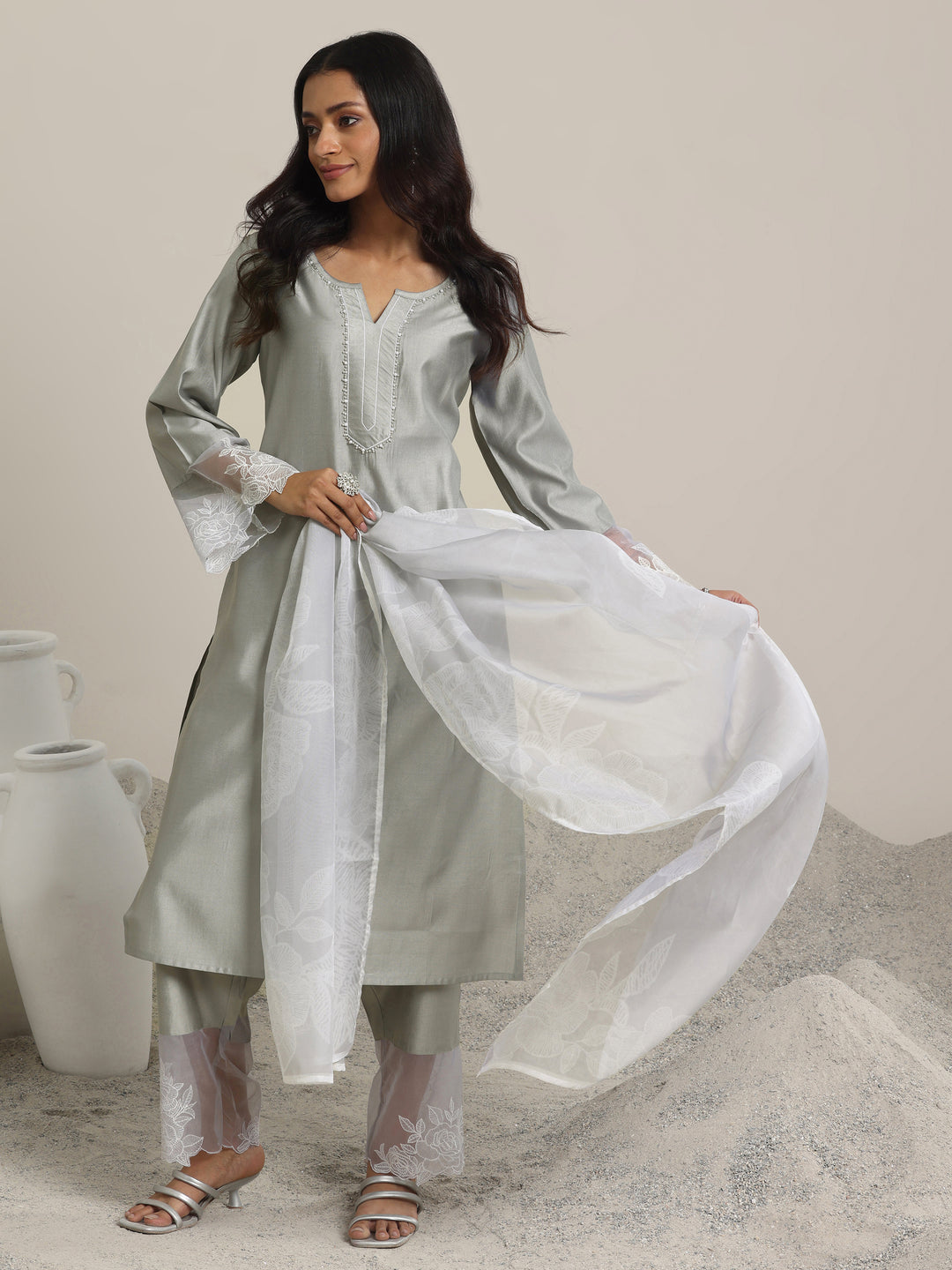 Grey Yoke Design Silk Blend Straight Suit Set With Dupatta