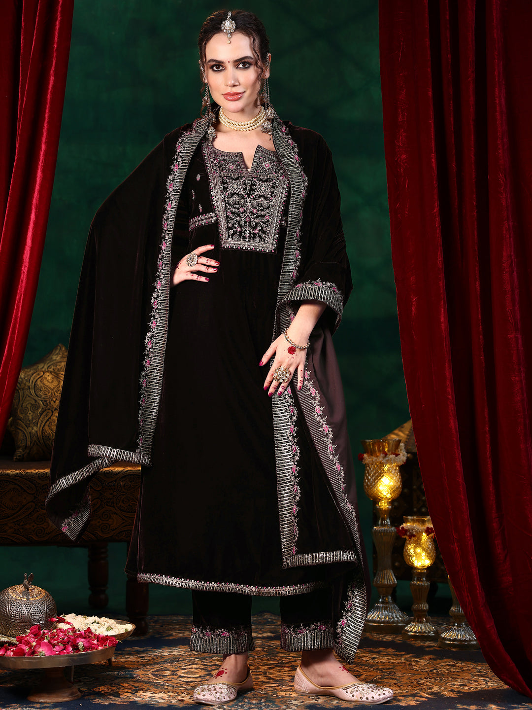 Brown Embroidered Velvet A-Line Kurta With Trousers & Dupatta