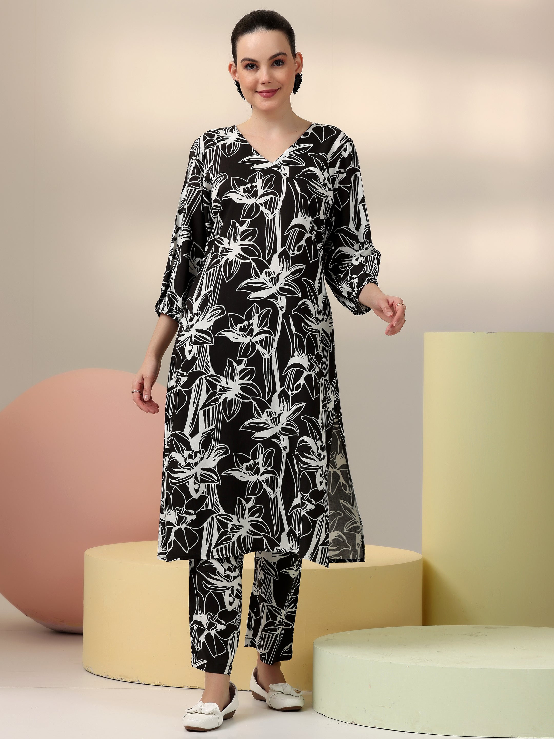 Black Printed Rayon Co-Ords