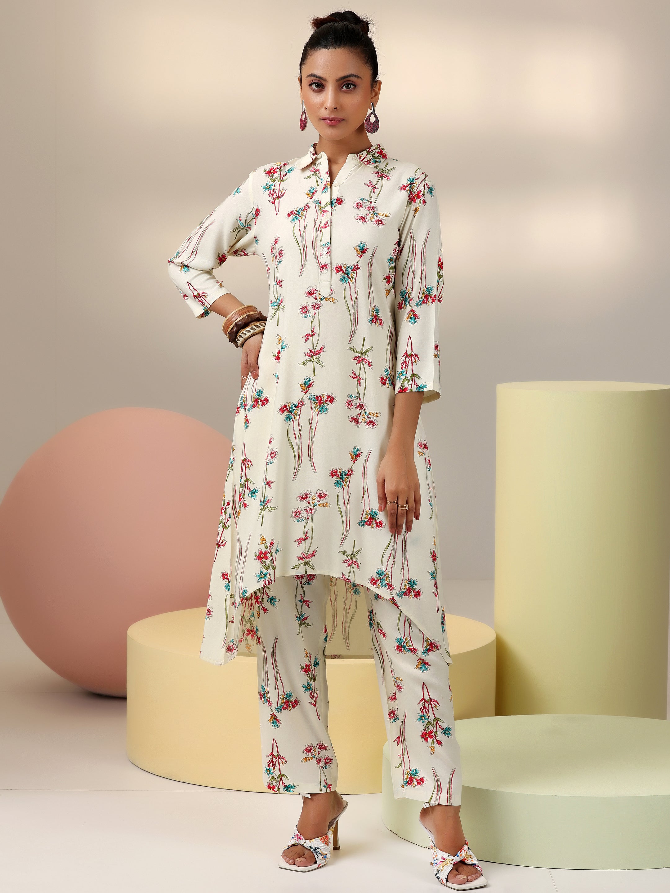 Cream Printed Rayon Co-Ords