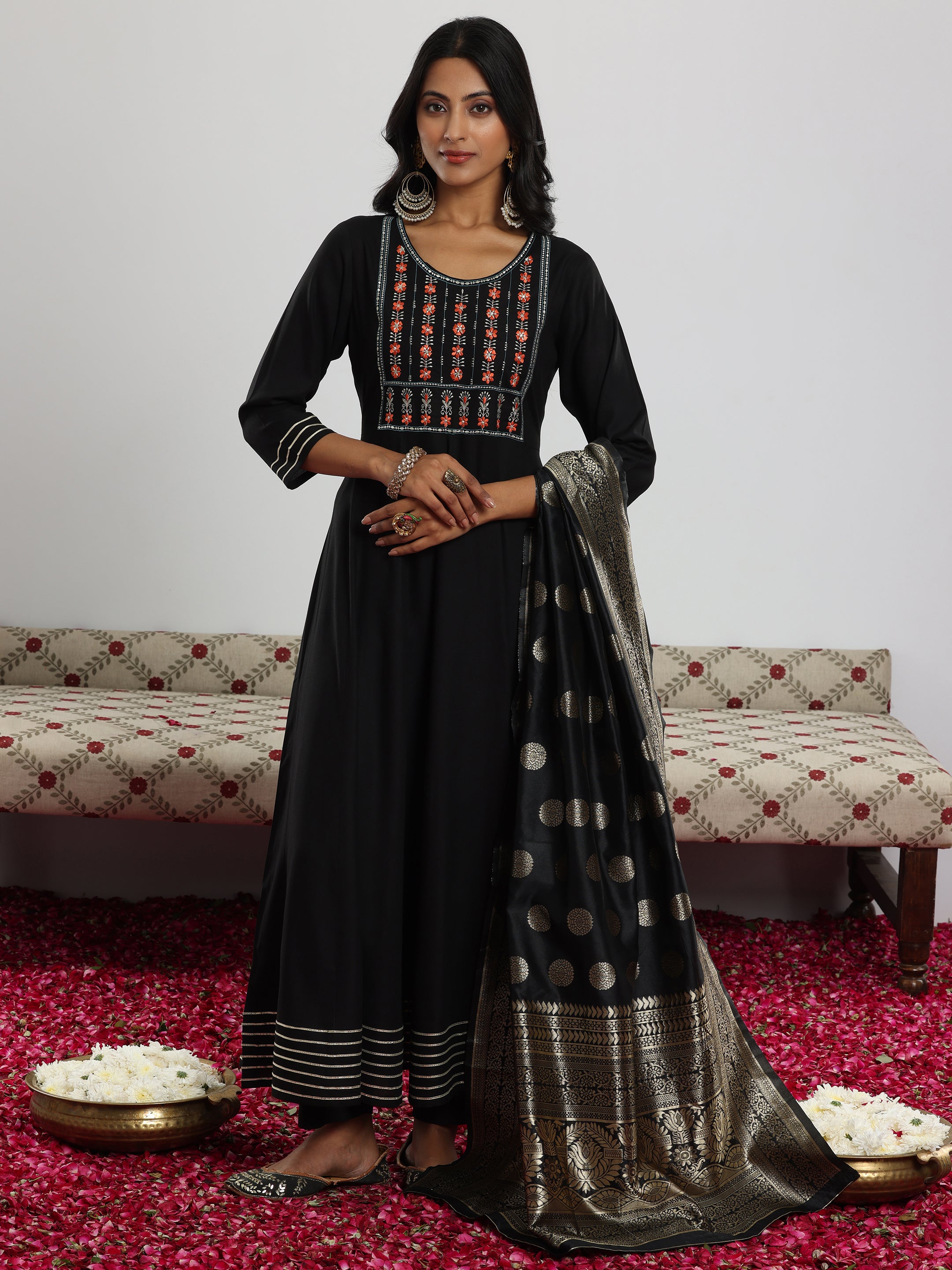 Black Yoke Design Rayon Anarkali Suit With Dupatta