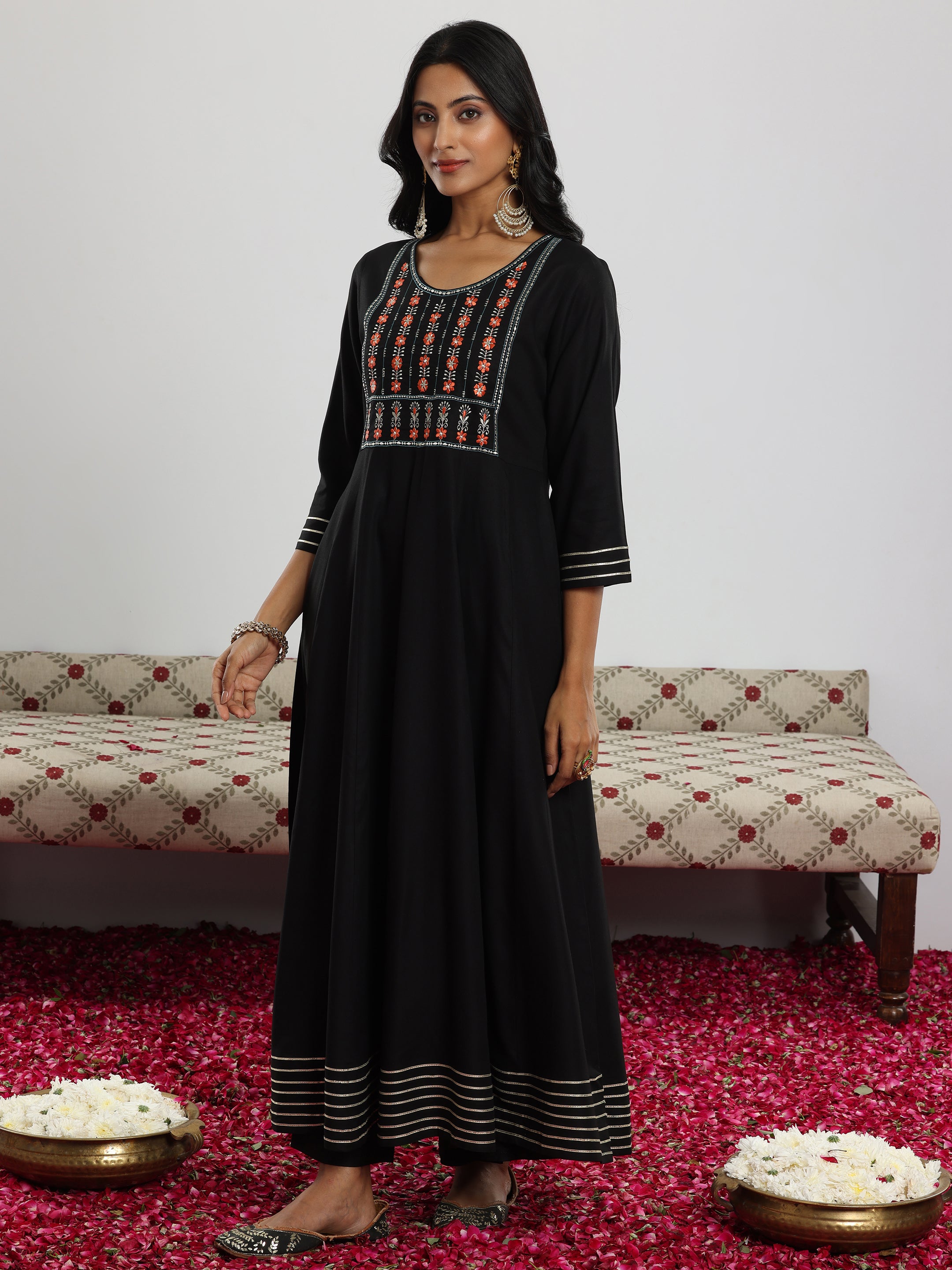 Black Yoke Design Rayon Anarkali Suit With Dupatta