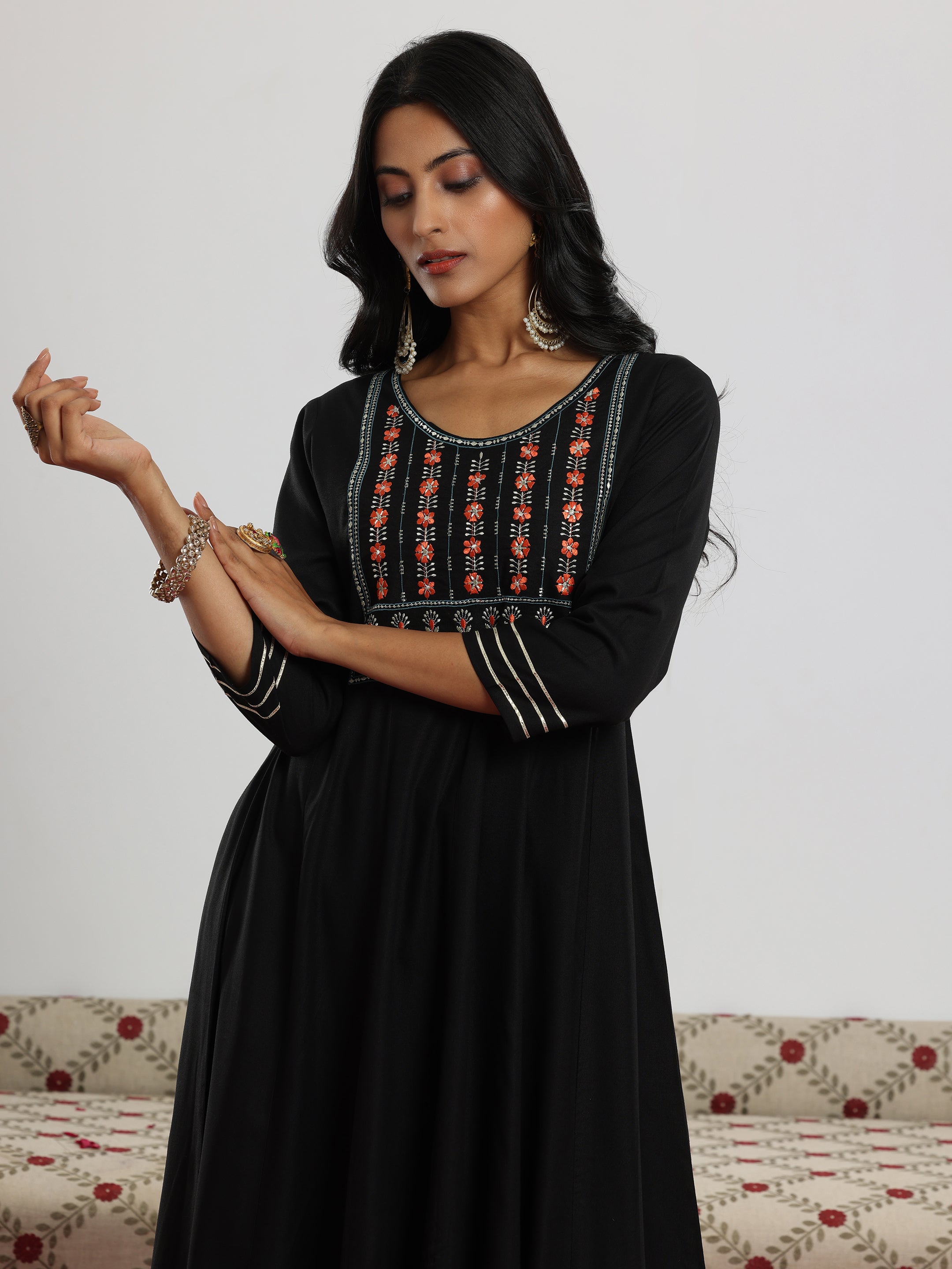 Black Yoke Design Rayon Anarkali Suit With Dupatta