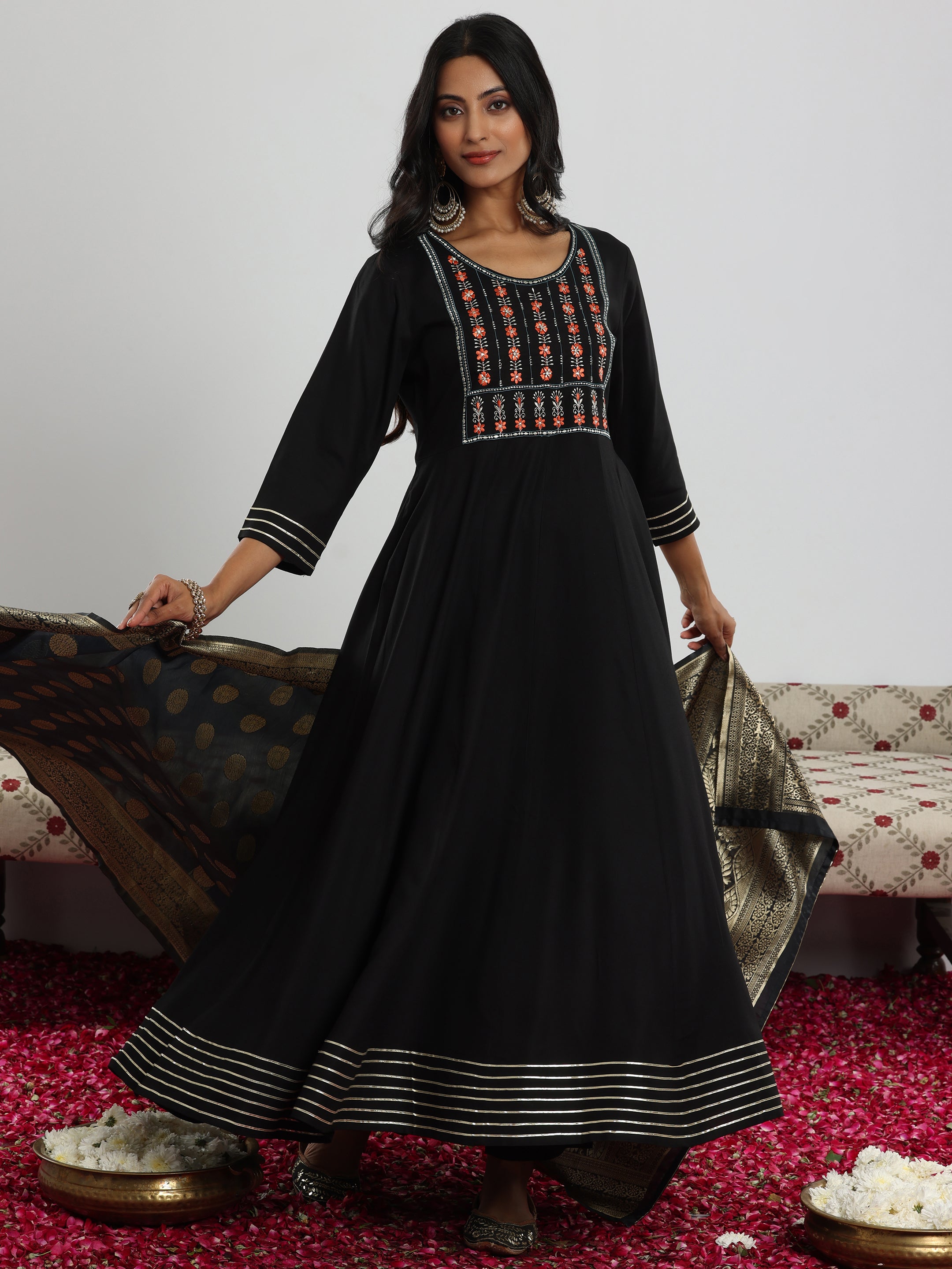 Black Yoke Design Rayon Anarkali Suit With Dupatta