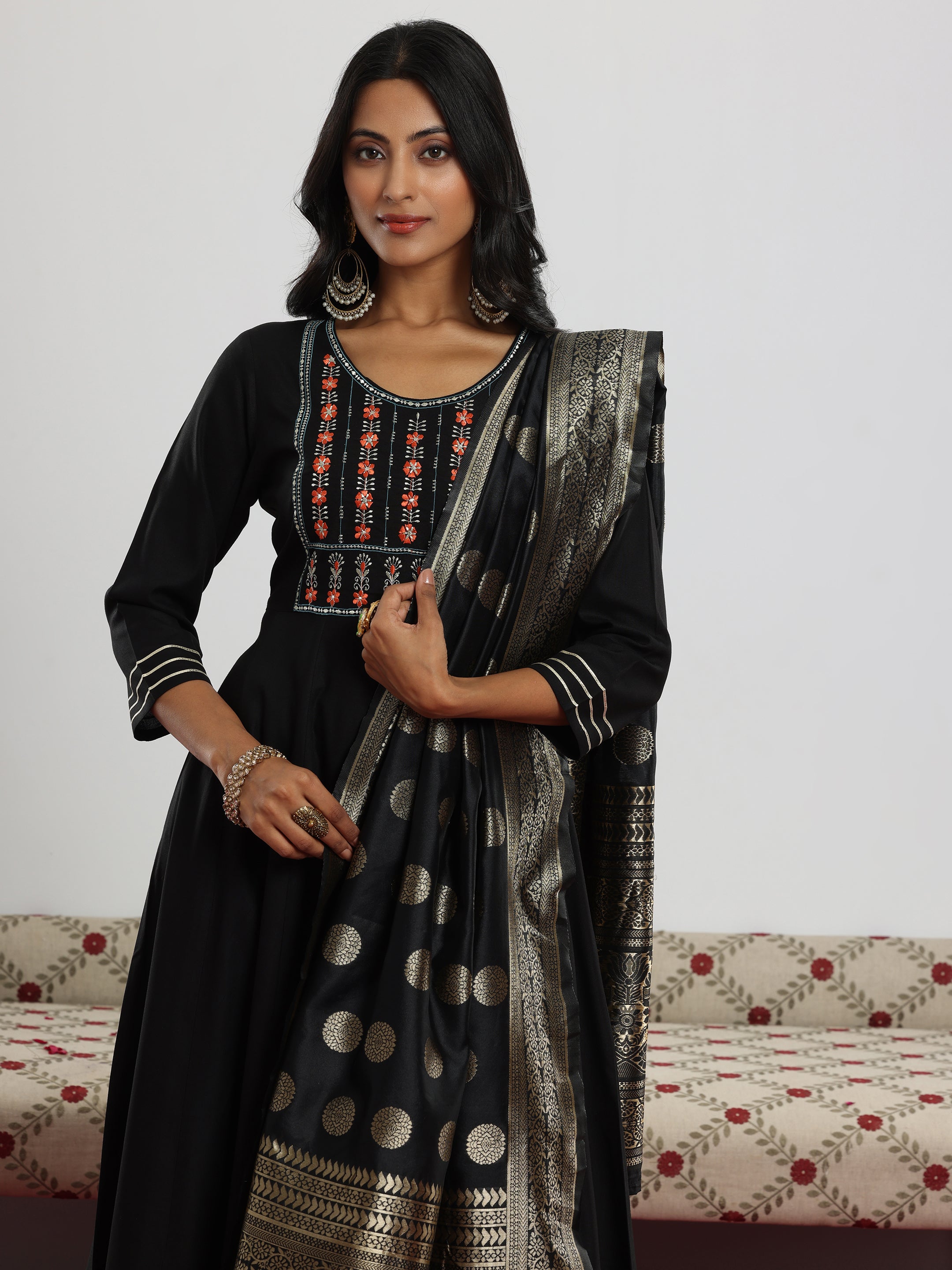 Black Yoke Design Rayon Anarkali Suit With Dupatta