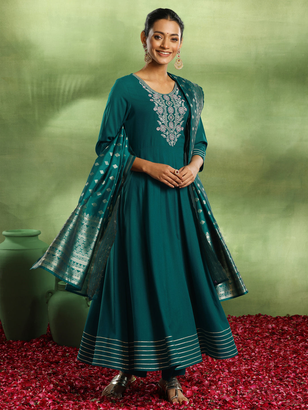 Green Yoke Design Rayon Anarkali Suit With Dupatta