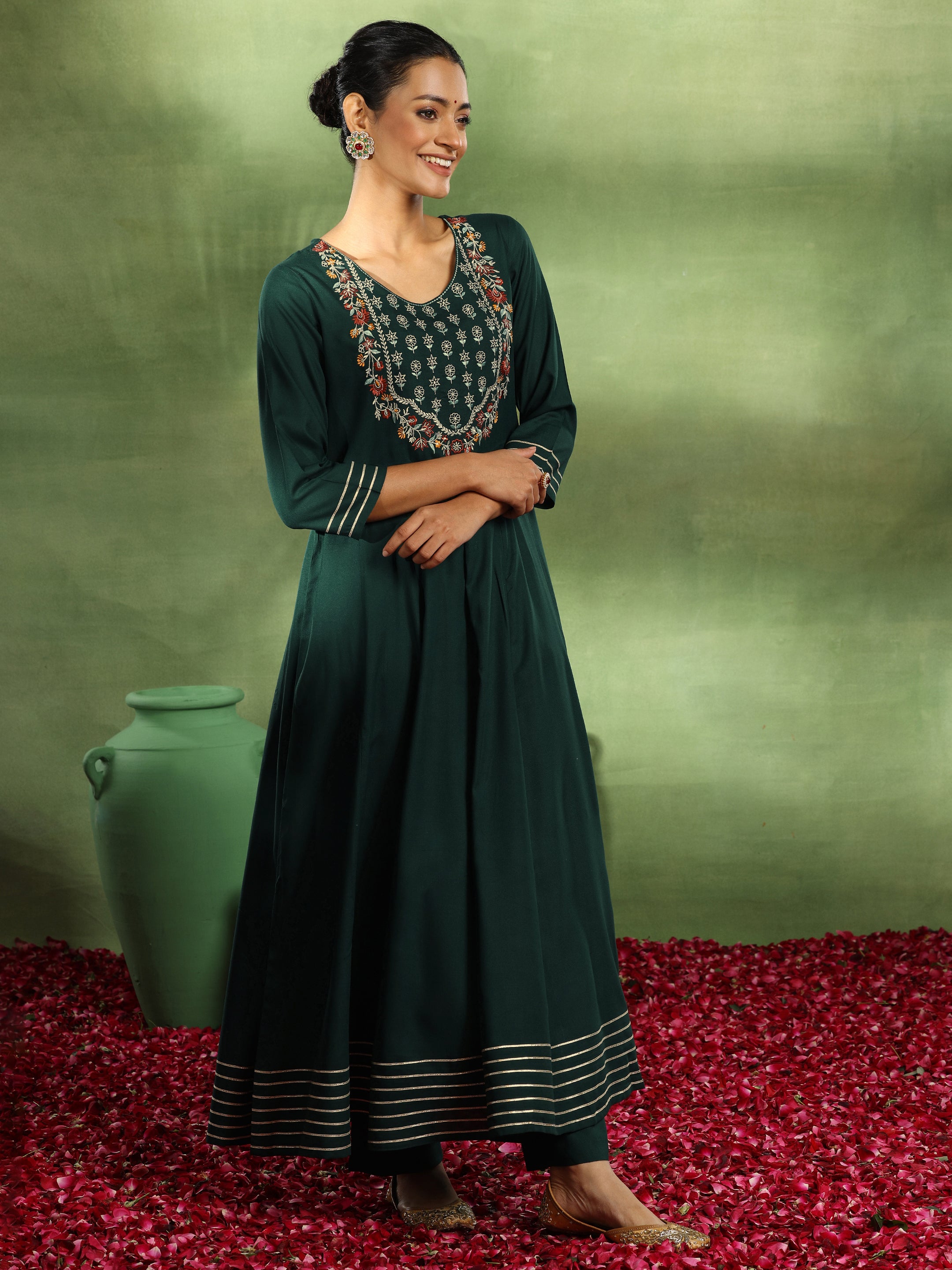 Green Yoke Design Rayon Anarkali Suit With Dupatta