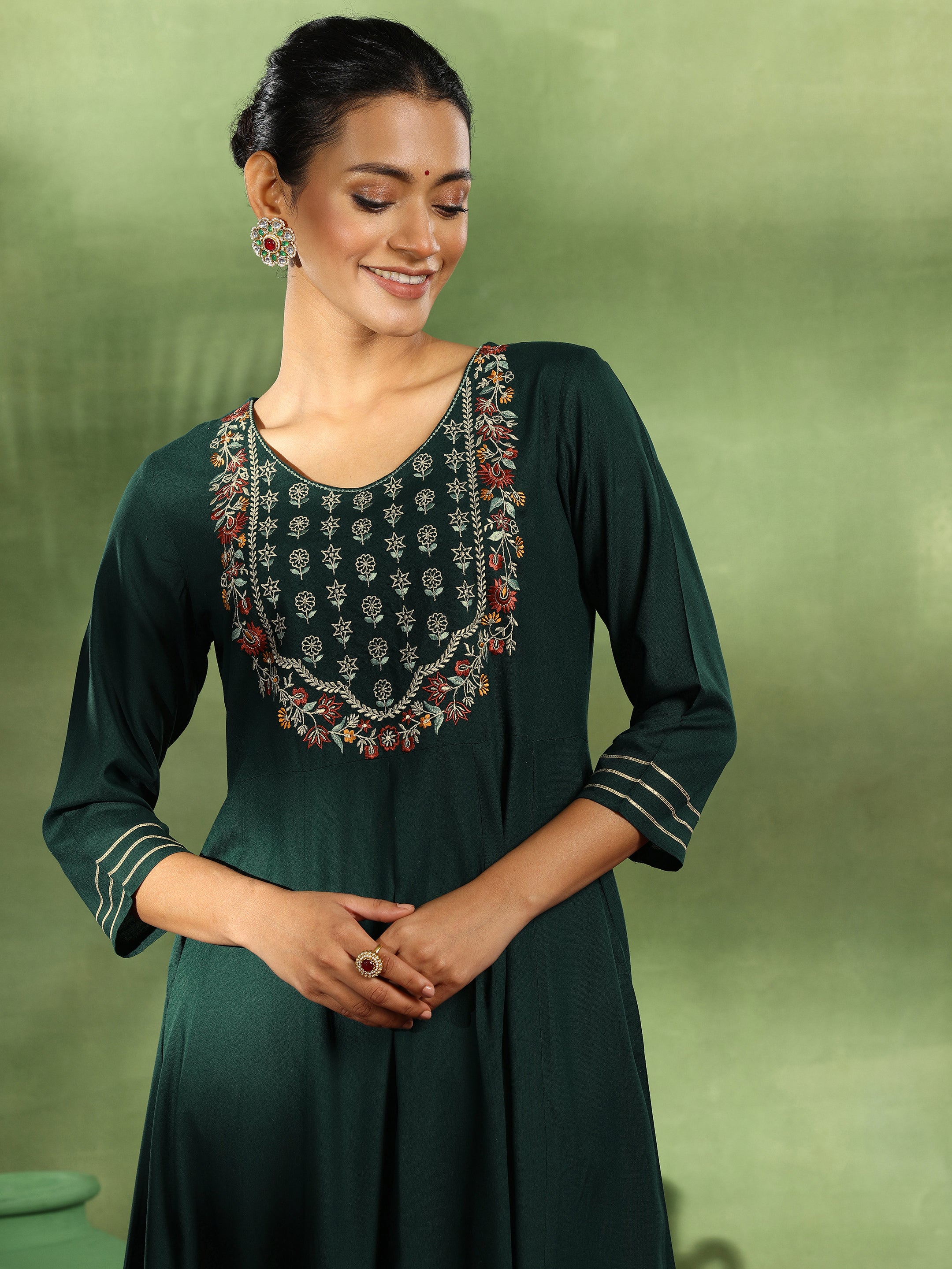 Green Yoke Design Rayon Anarkali Suit With Dupatta