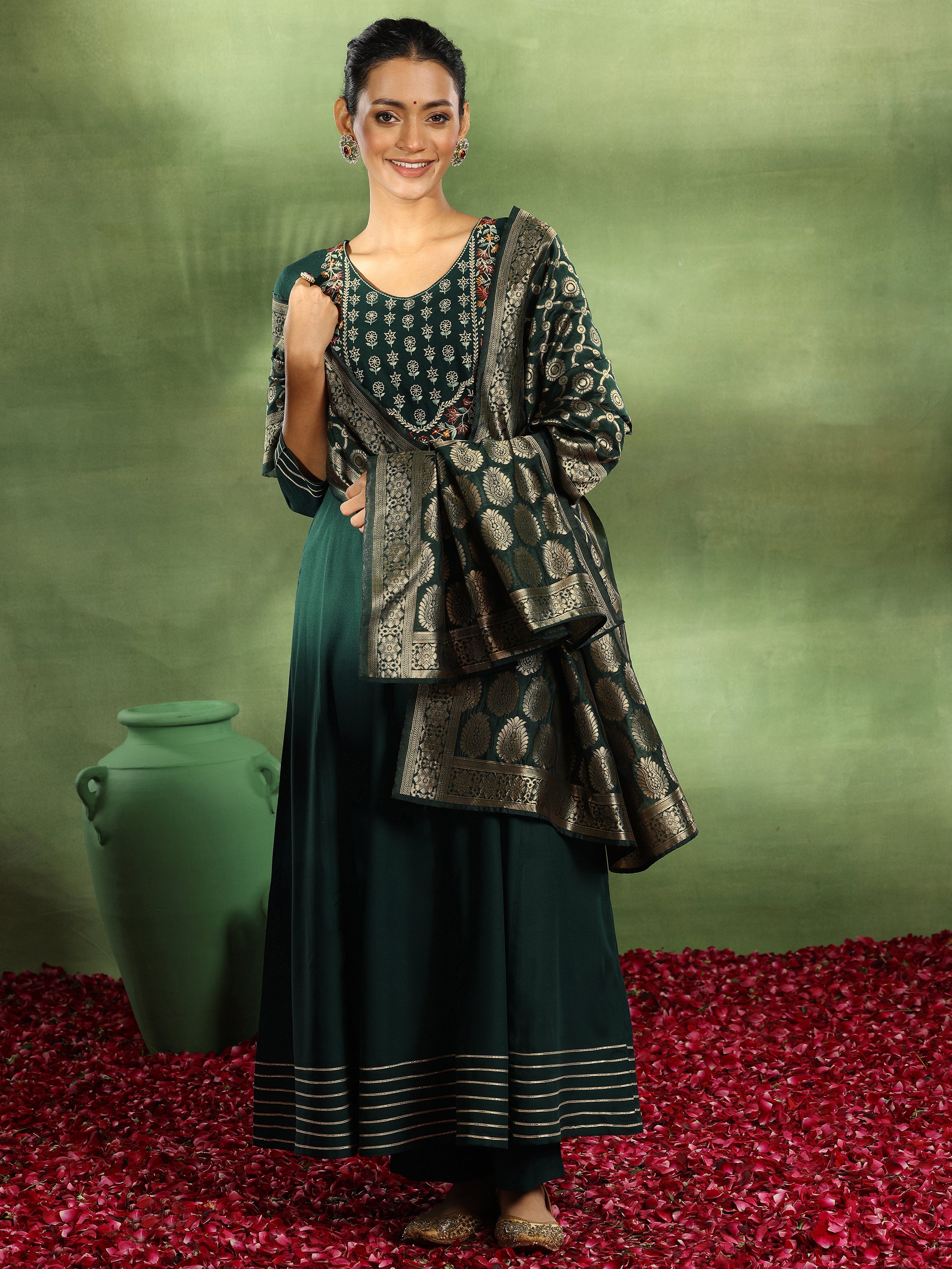 Green Yoke Design Rayon Anarkali Suit With Dupatta