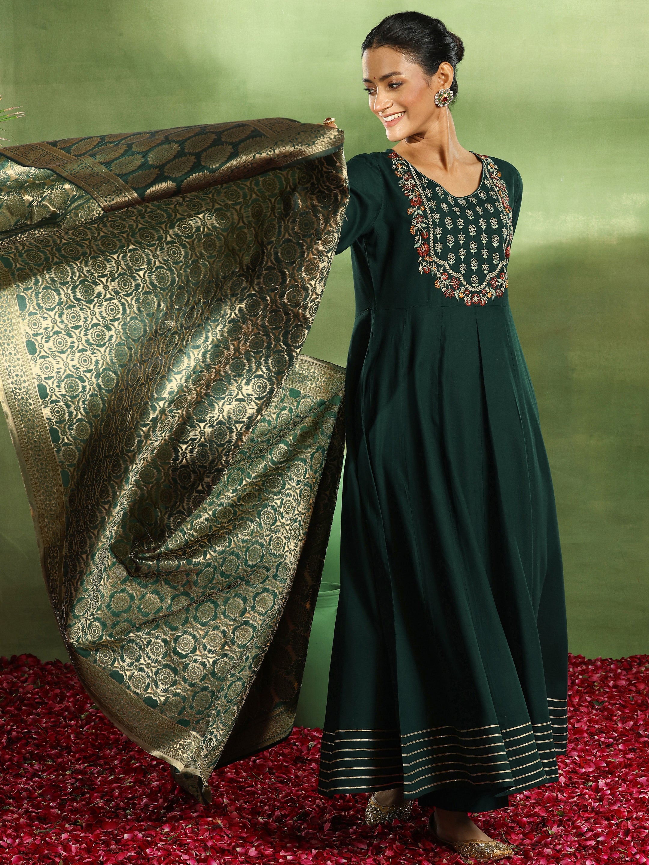 Green Yoke Design Rayon Anarkali Suit With Dupatta