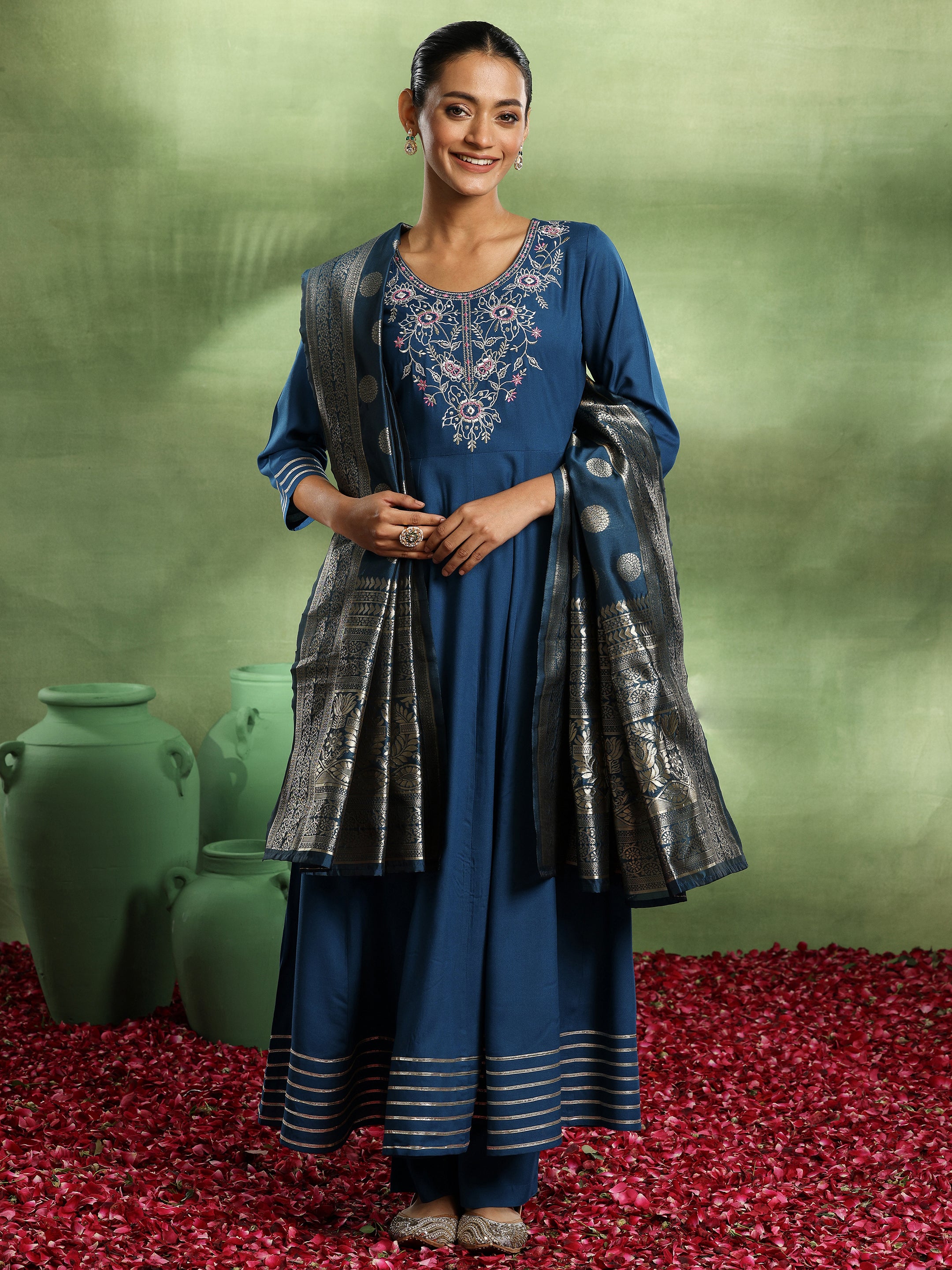 Teal Yoke Design Rayon Anarkali Suit With Dupatta