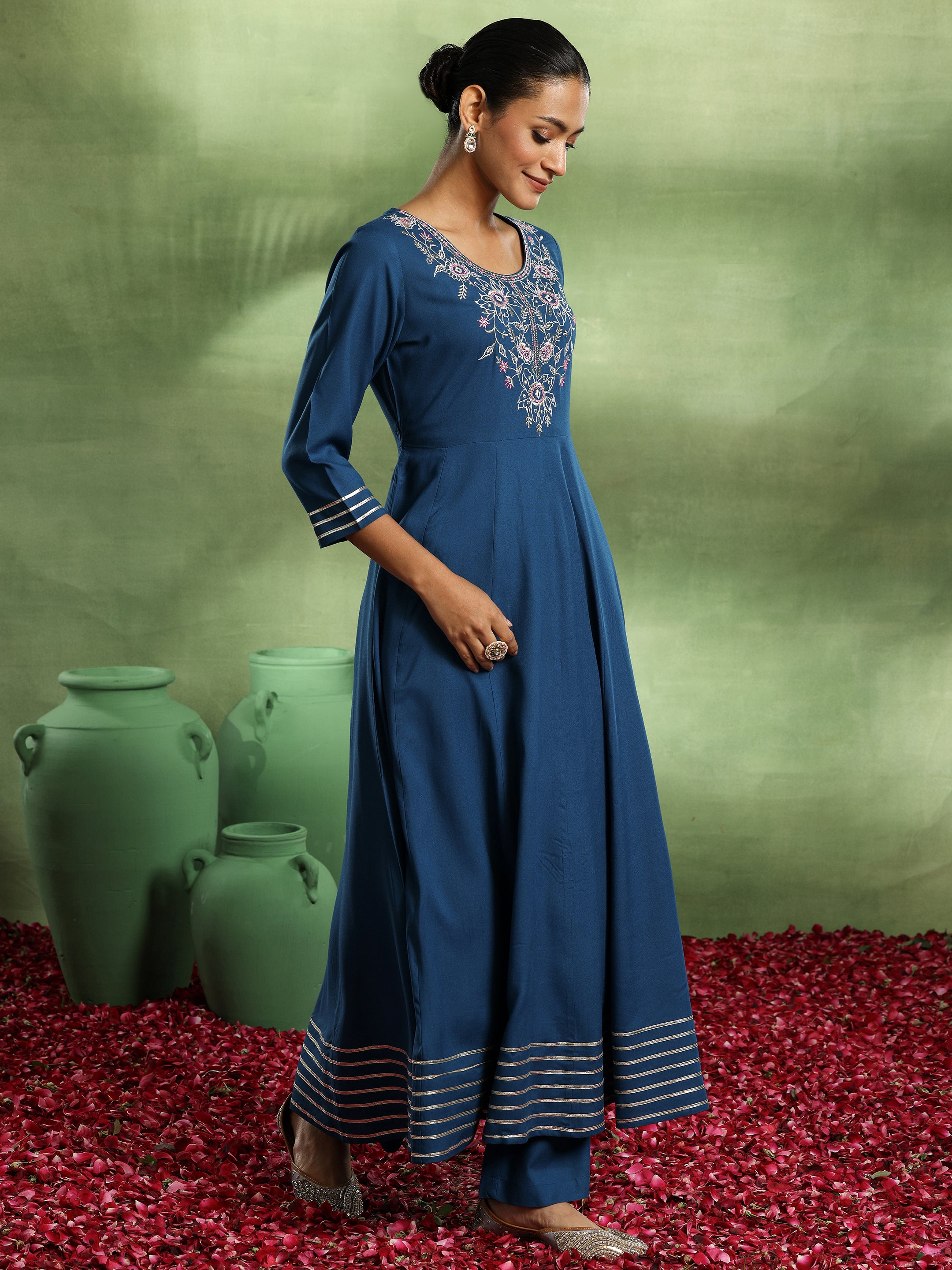 Teal Yoke Design Rayon Anarkali Suit With Dupatta