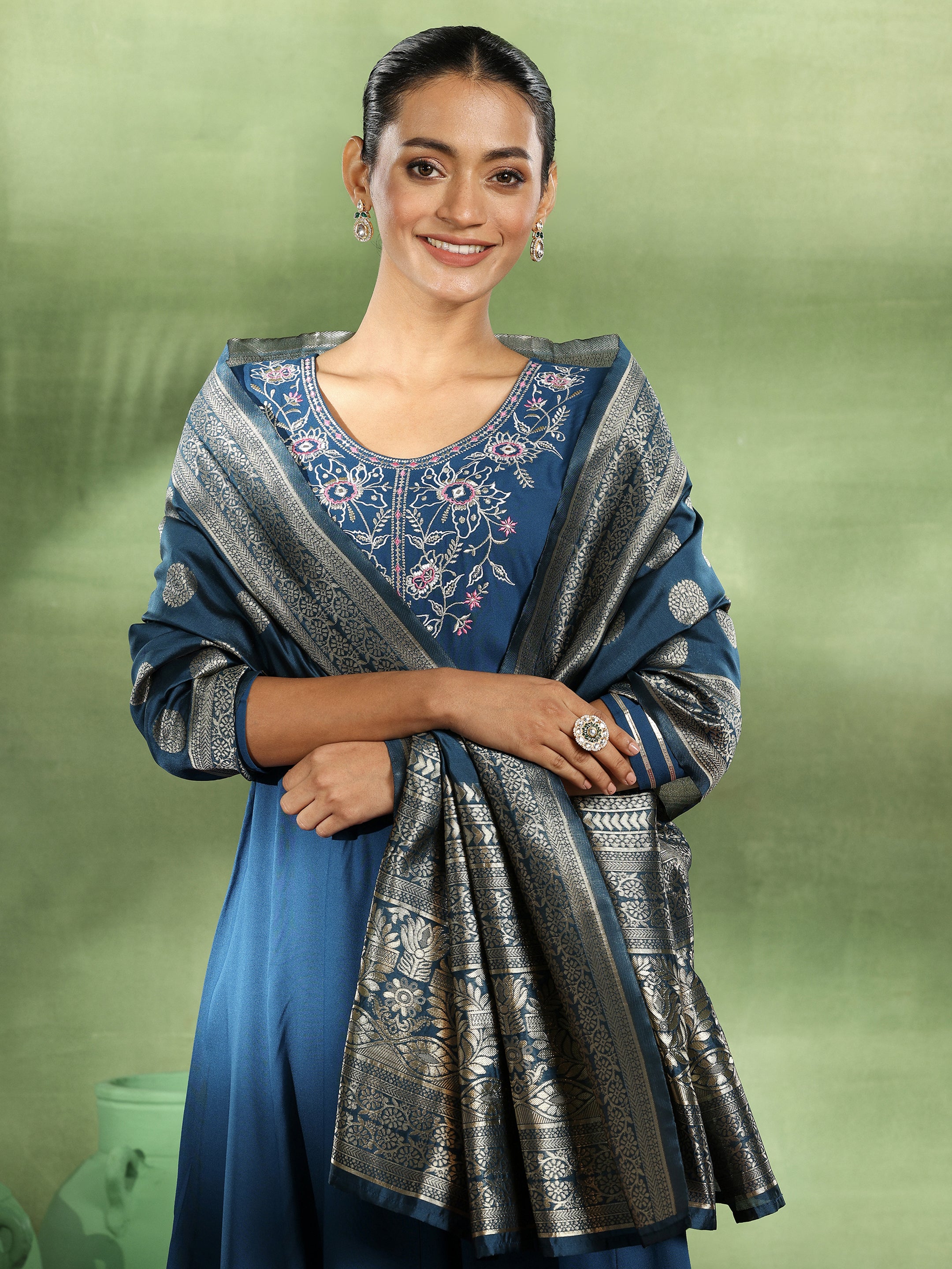 Teal Yoke Design Rayon Anarkali Suit With Dupatta