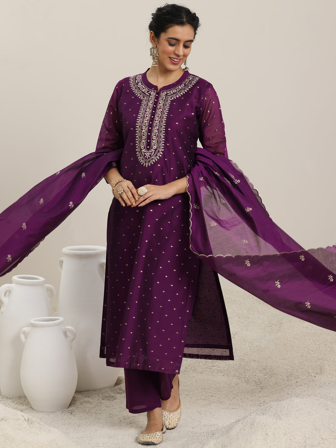 Wine Woven Design Chanderi Silk Straight Suit With Dupatta