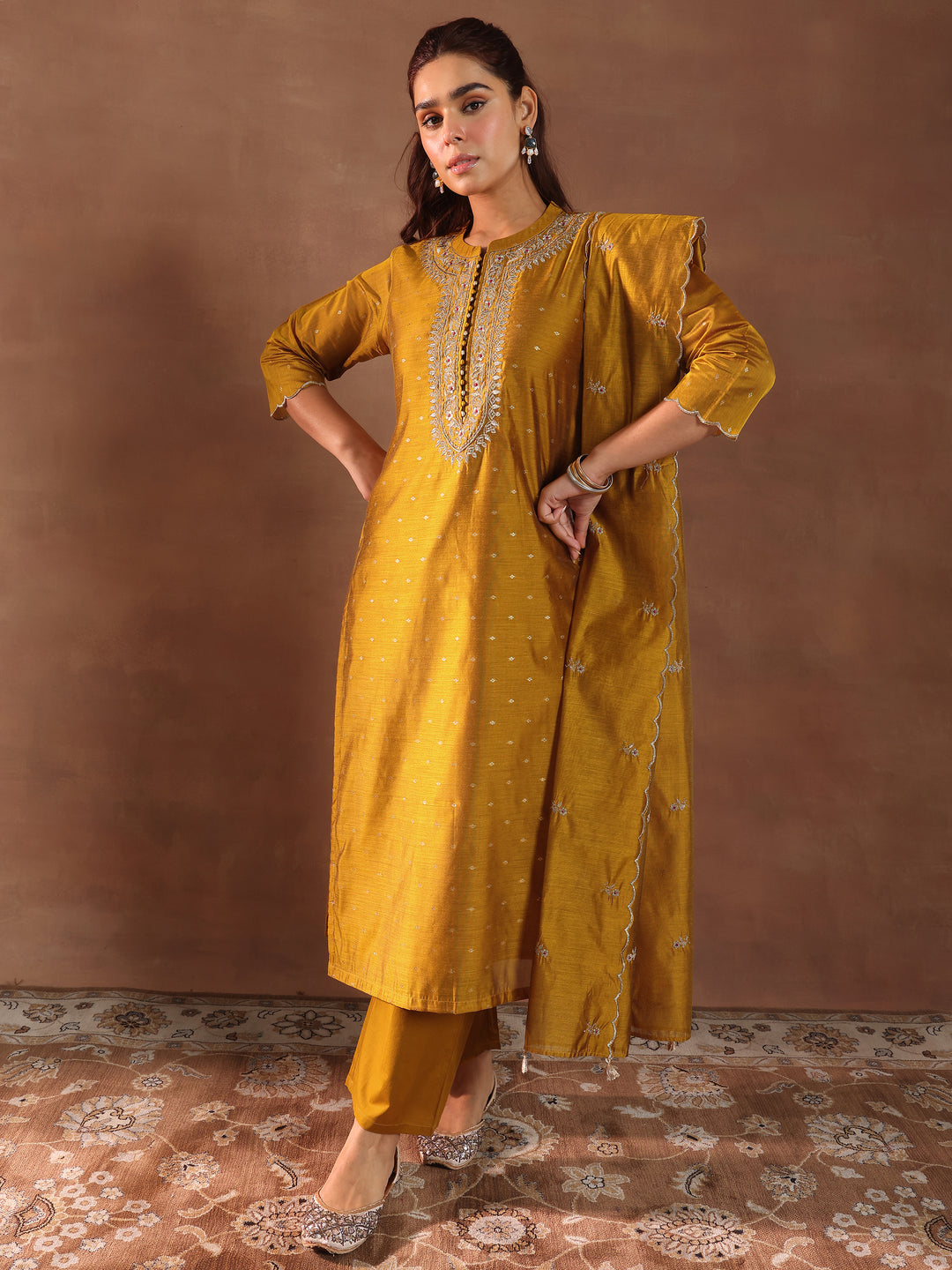 Mustard Woven Design Chanderi Silk Straight Suit With Dupatta