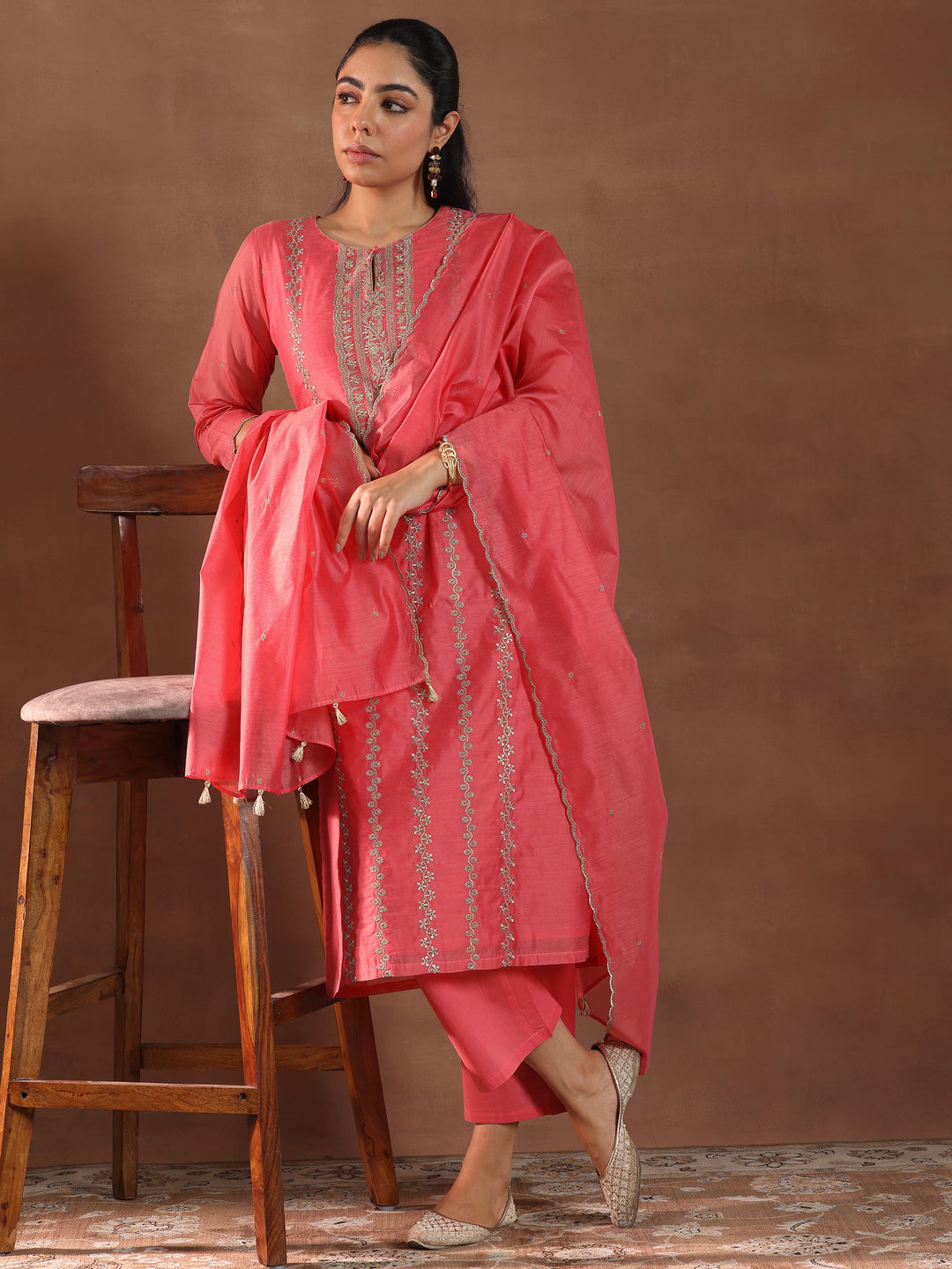 Coral Embroidered Chanderi Silk Straight Suit With Dupatta