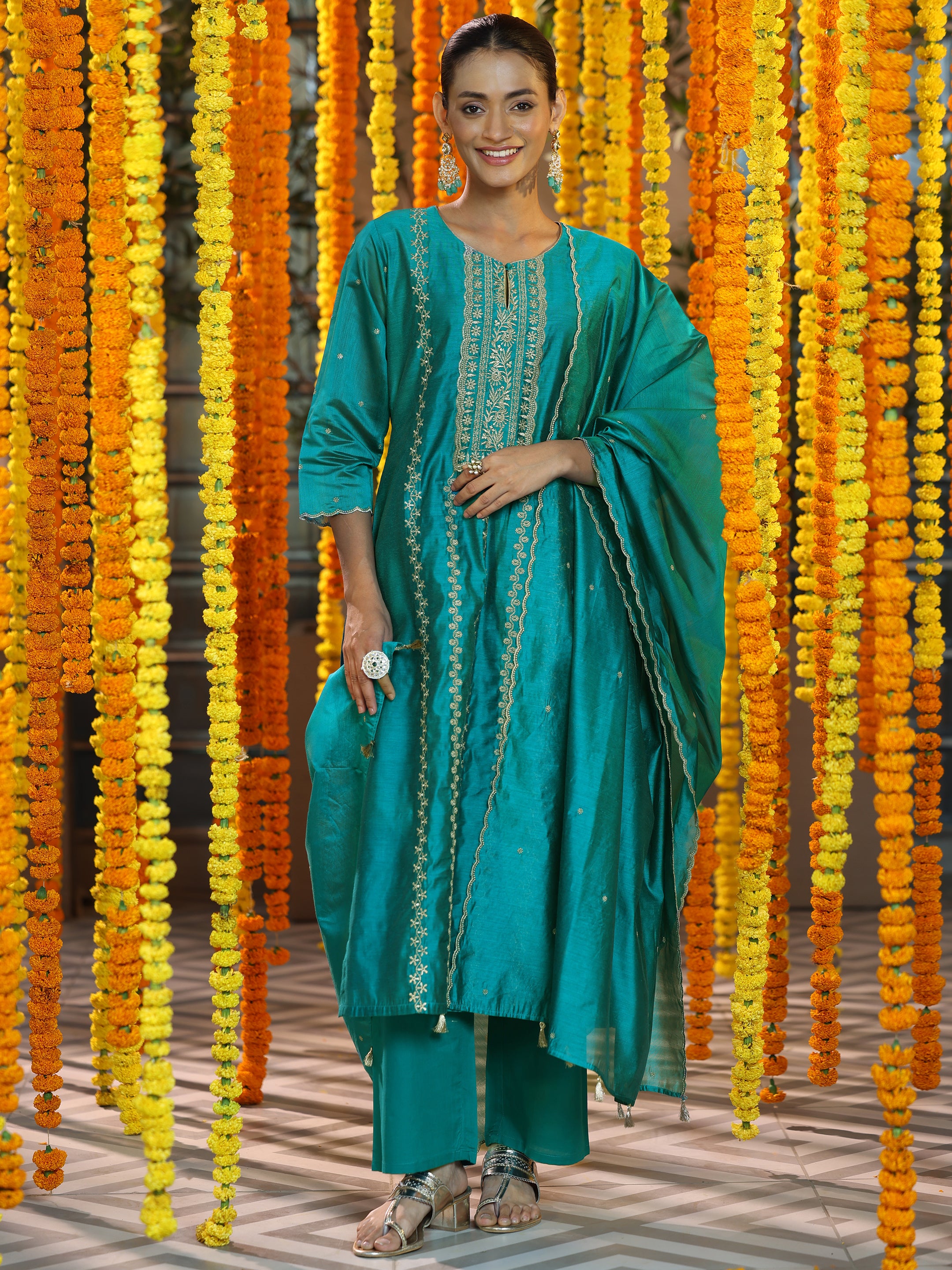 Teal Embroidered Chanderi Silk Straight Suit With Dupatta