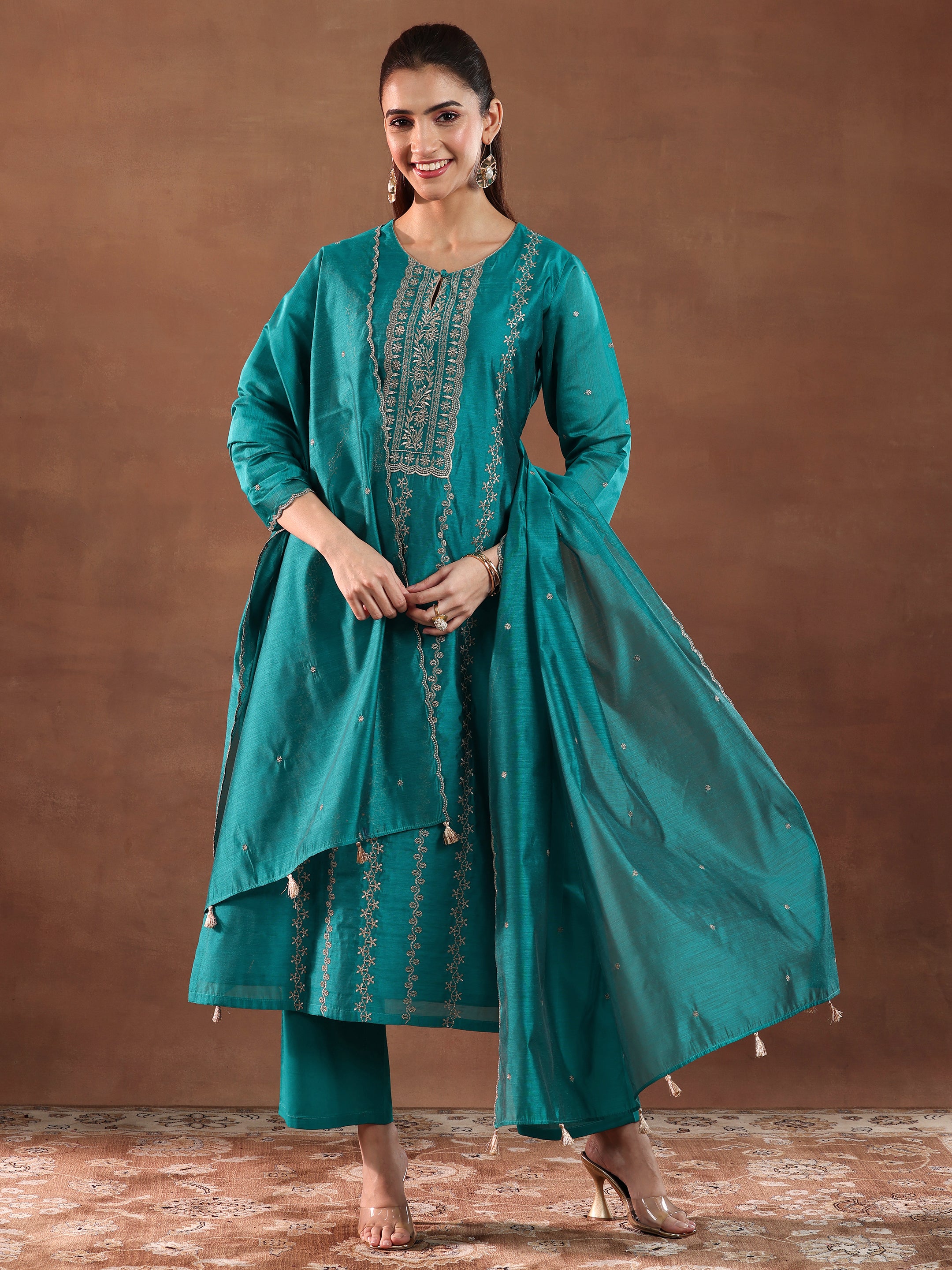 Teal Embroidered Chanderi Silk Straight Suit With Dupatta