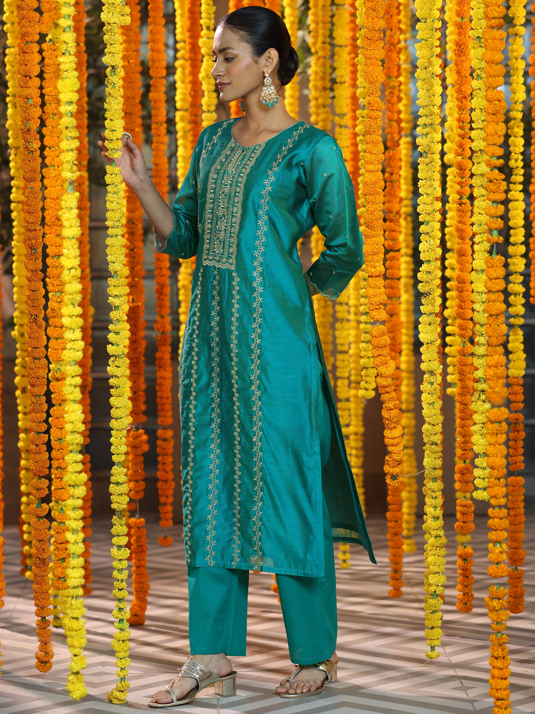 Teal Embroidered Chanderi Silk Straight Suit With Dupatta