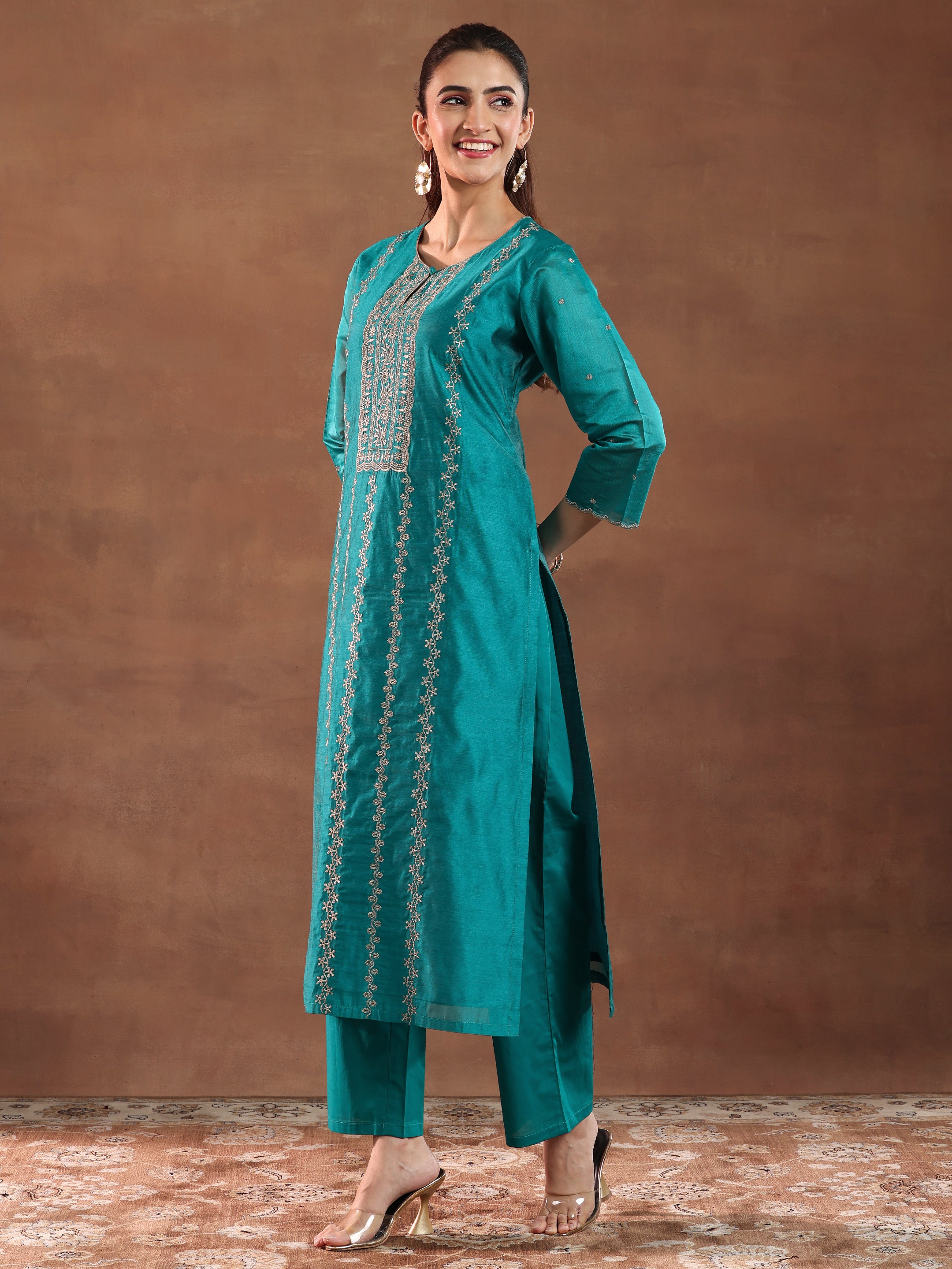 Teal Embroidered Chanderi Silk Straight Suit With Dupatta