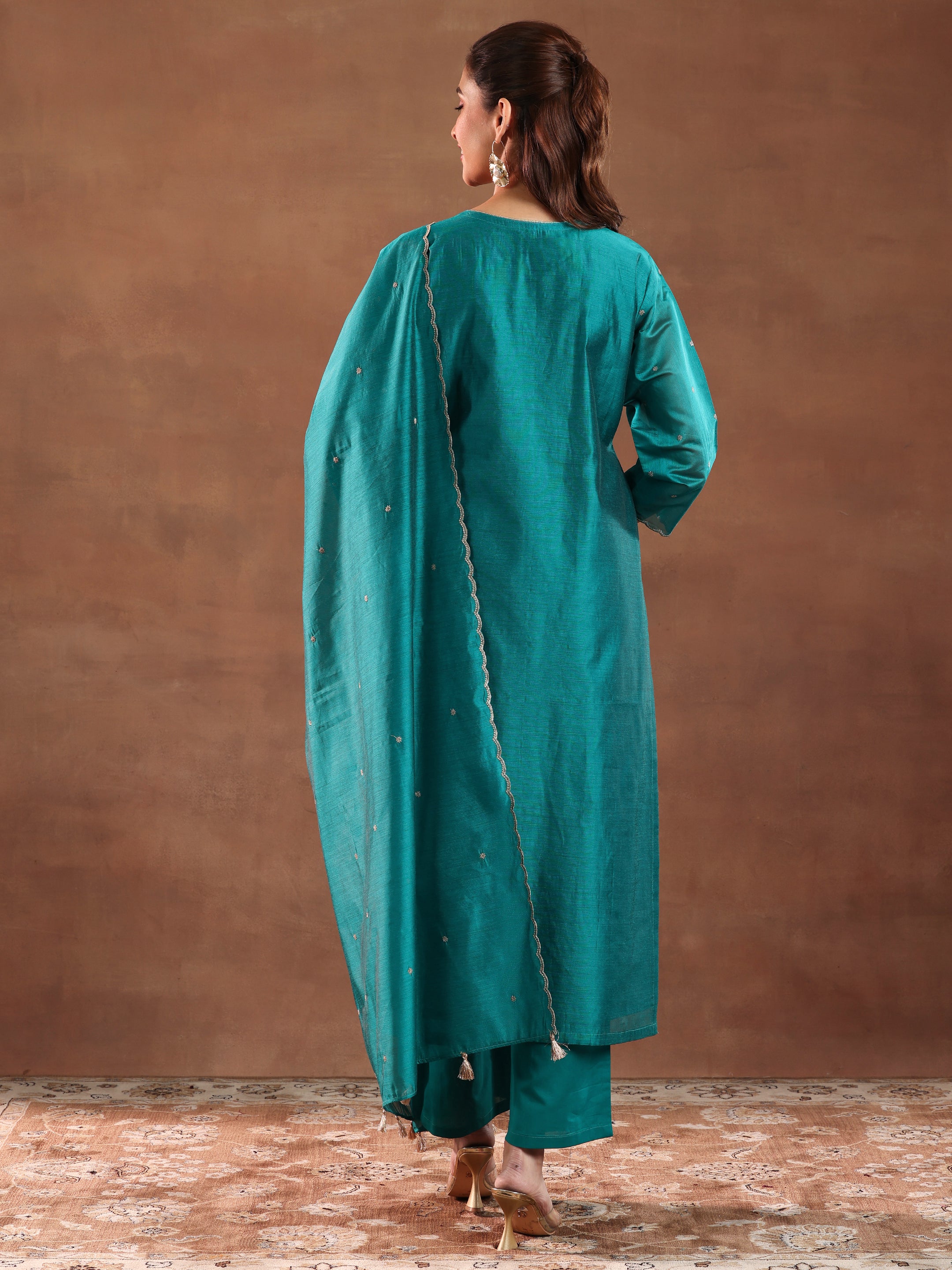 Teal Embroidered Chanderi Silk Straight Suit With Dupatta