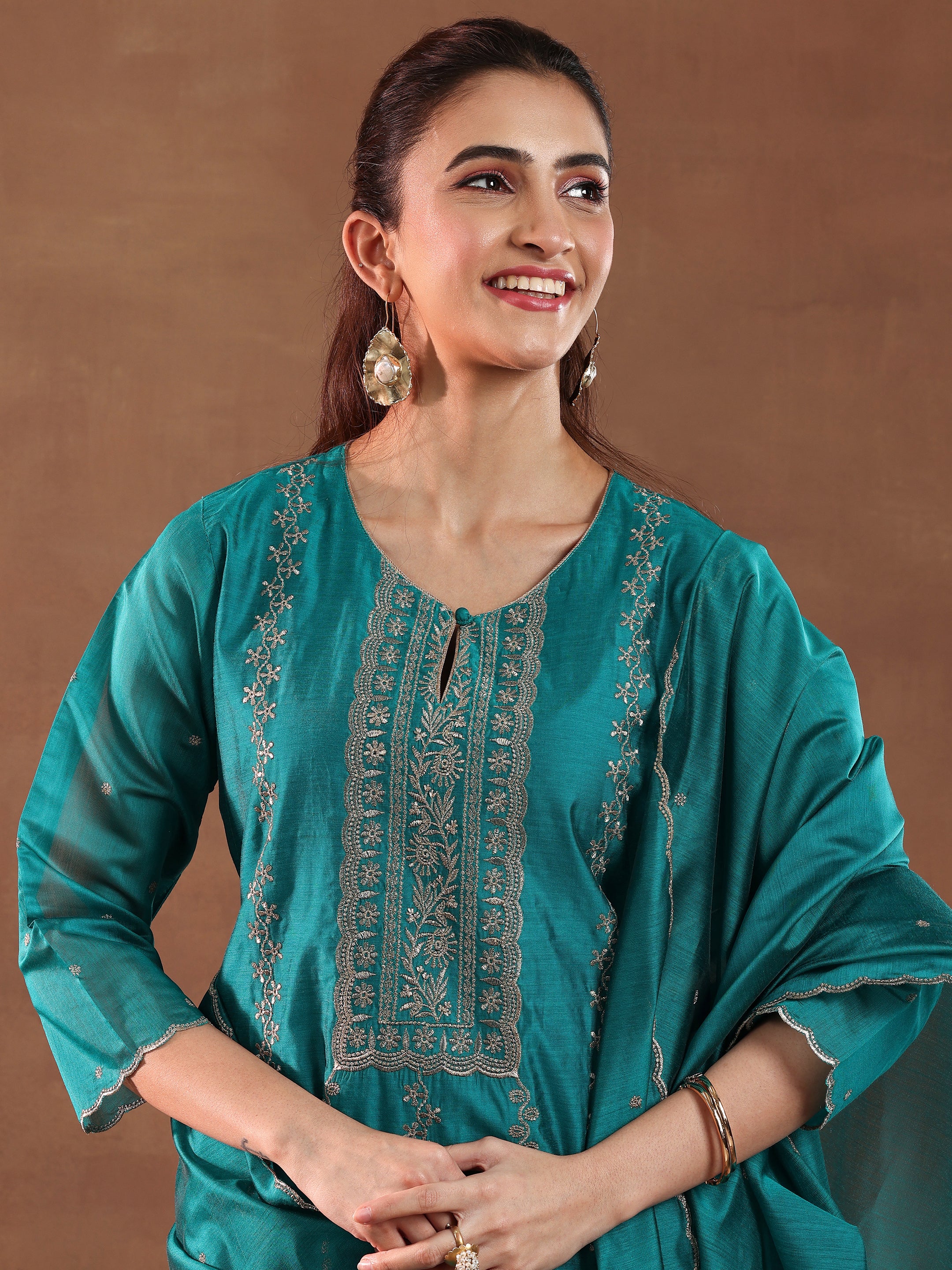 Teal Embroidered Chanderi Silk Straight Suit With Dupatta