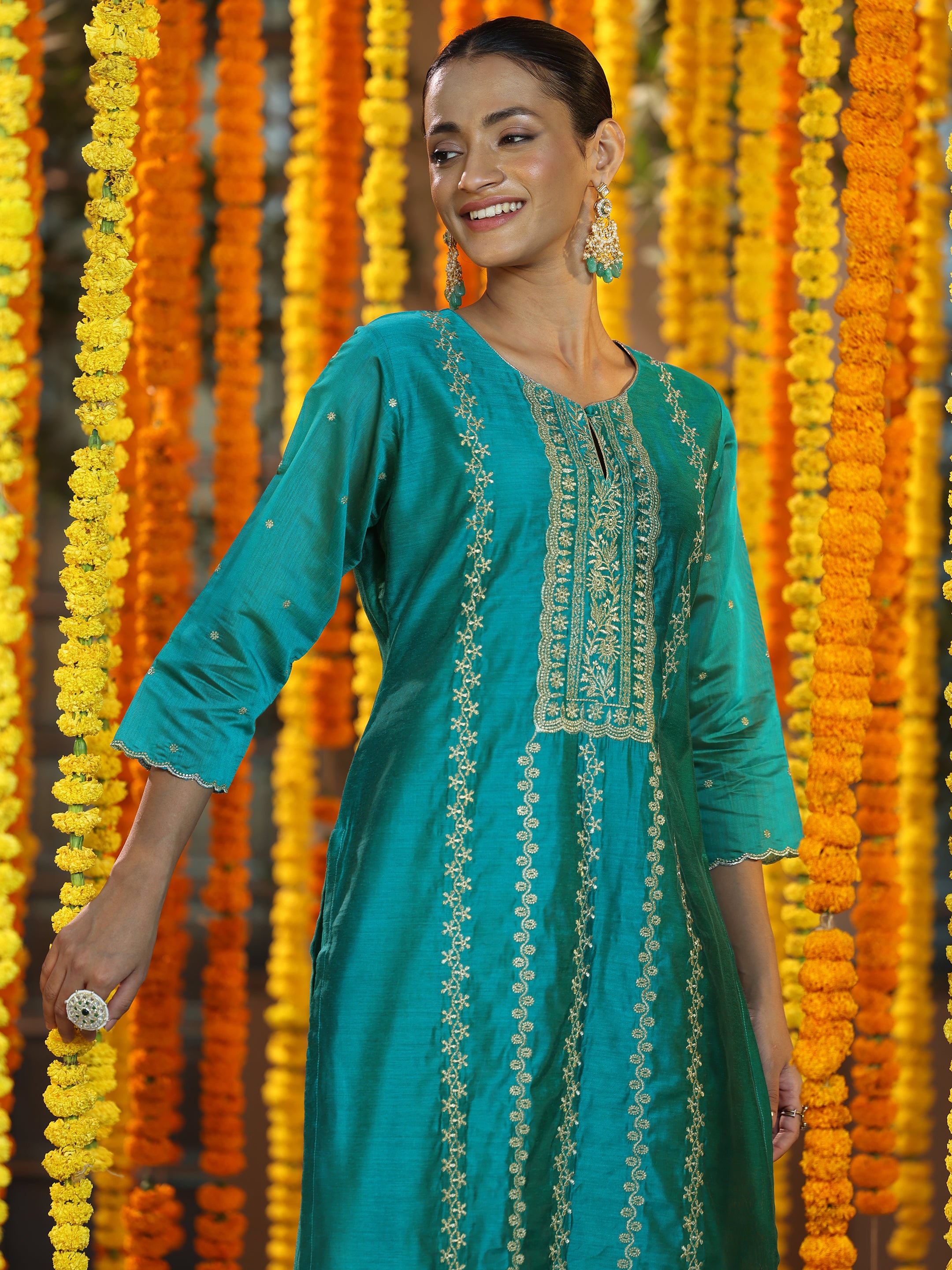 Teal Embroidered Chanderi Silk Straight Suit With Dupatta